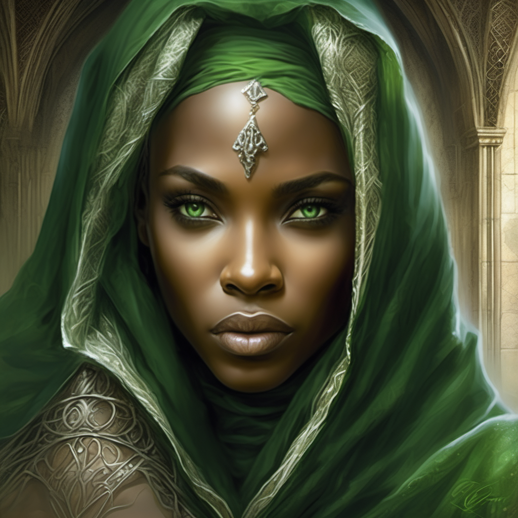 genera un retrato, estilo Luis Royo, de una princesa medieval africana, treinta años, embozada en una capucha verde, resto de la cara oculta con un velo, vestidura lujosa, de fondo un salón de palacio




