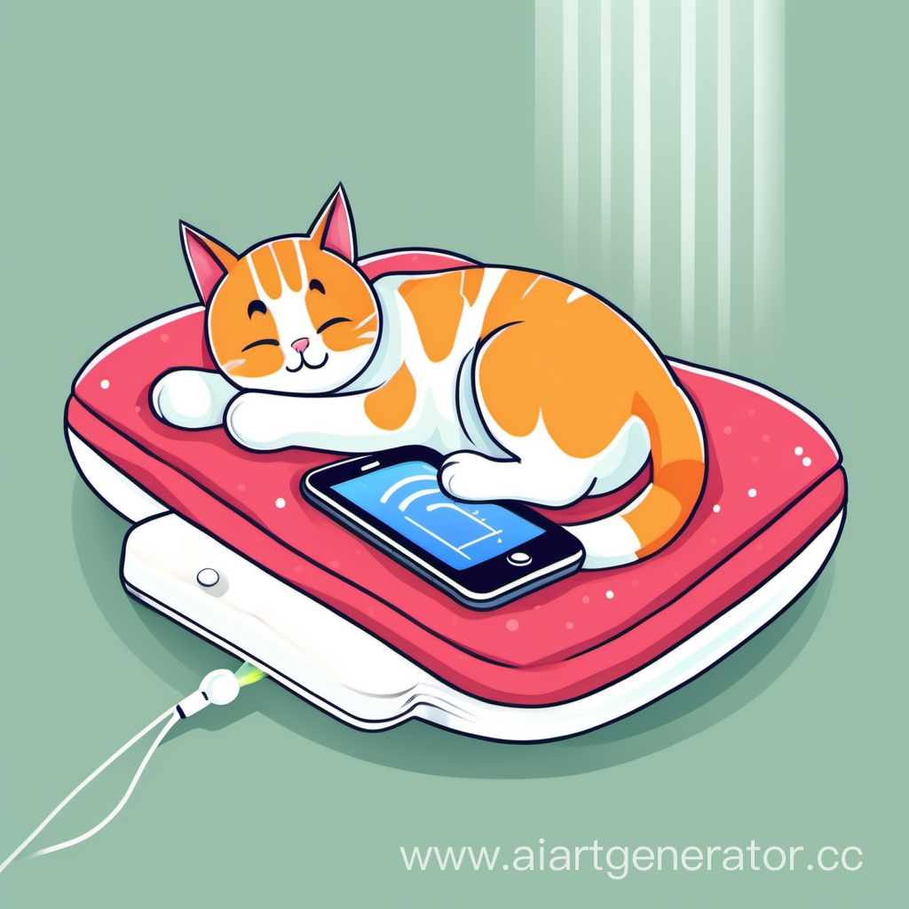 Кот нежится на подушке, прибавляет температуру через смартфон.Иллюстрация