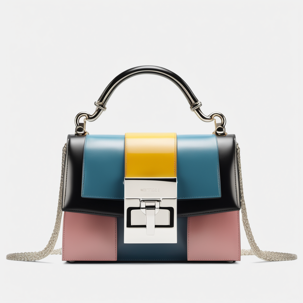 Neoclassic inspired luxury small  bag with flap and metal buckle- metalized leather -geometric shape - frontal view  - inserts color block metalized