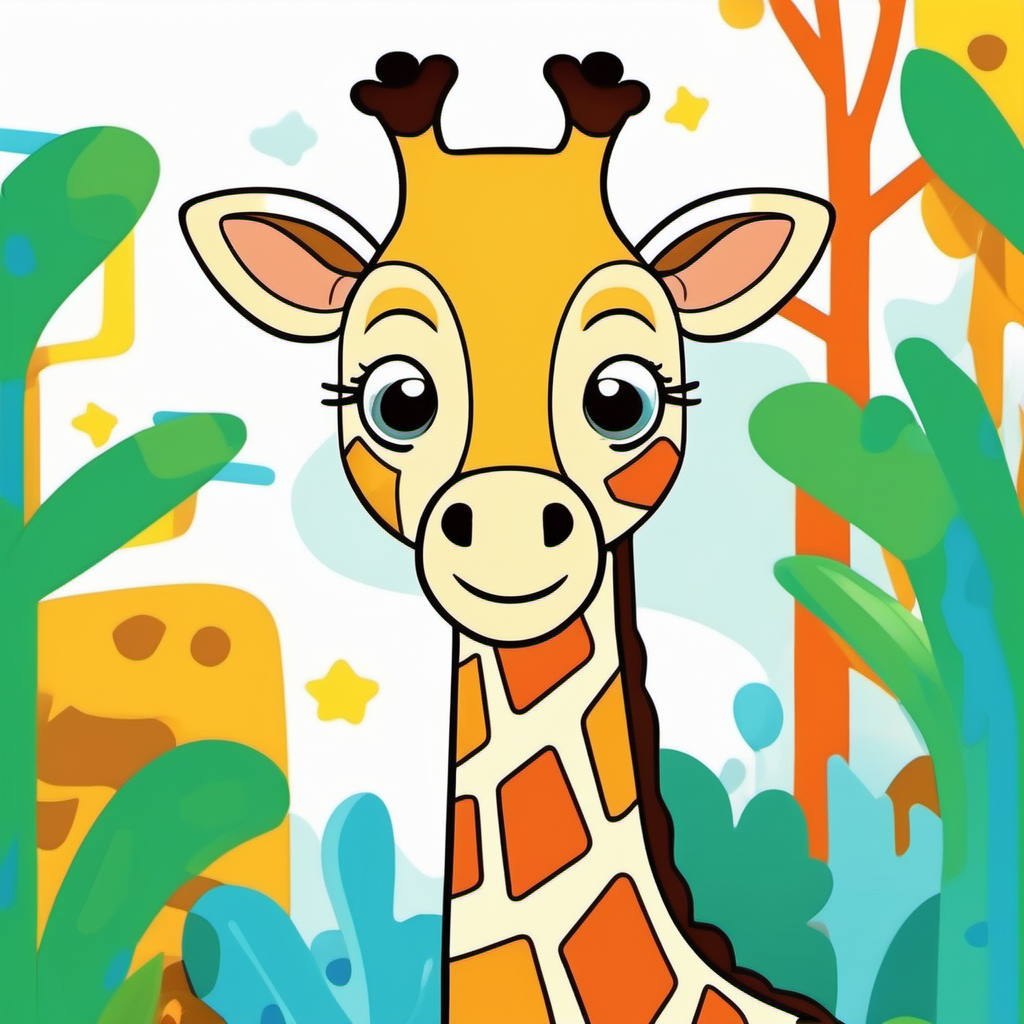/imagine kids illustration, Giraffe neck and face in a  zoo, cartoon style, Thick Lines, low details, vivid color --ar 9:11
