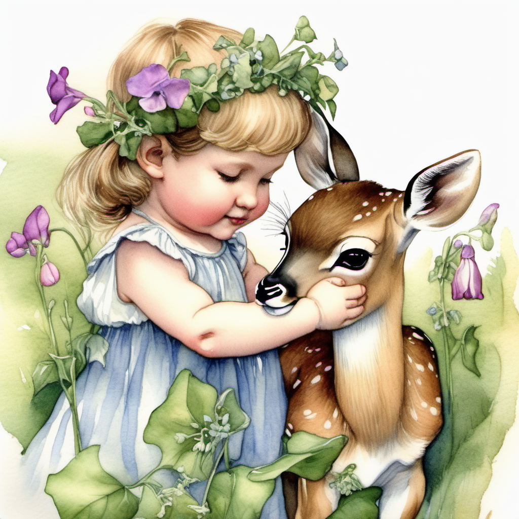 a watercolor sweetpea flower fairy in the style of Cicely Mary Barker petting a baby deer.  They are both surrounded by sweetpeas and greenery. The baby deer is cute and shows a curiosity and a friendly nature. 