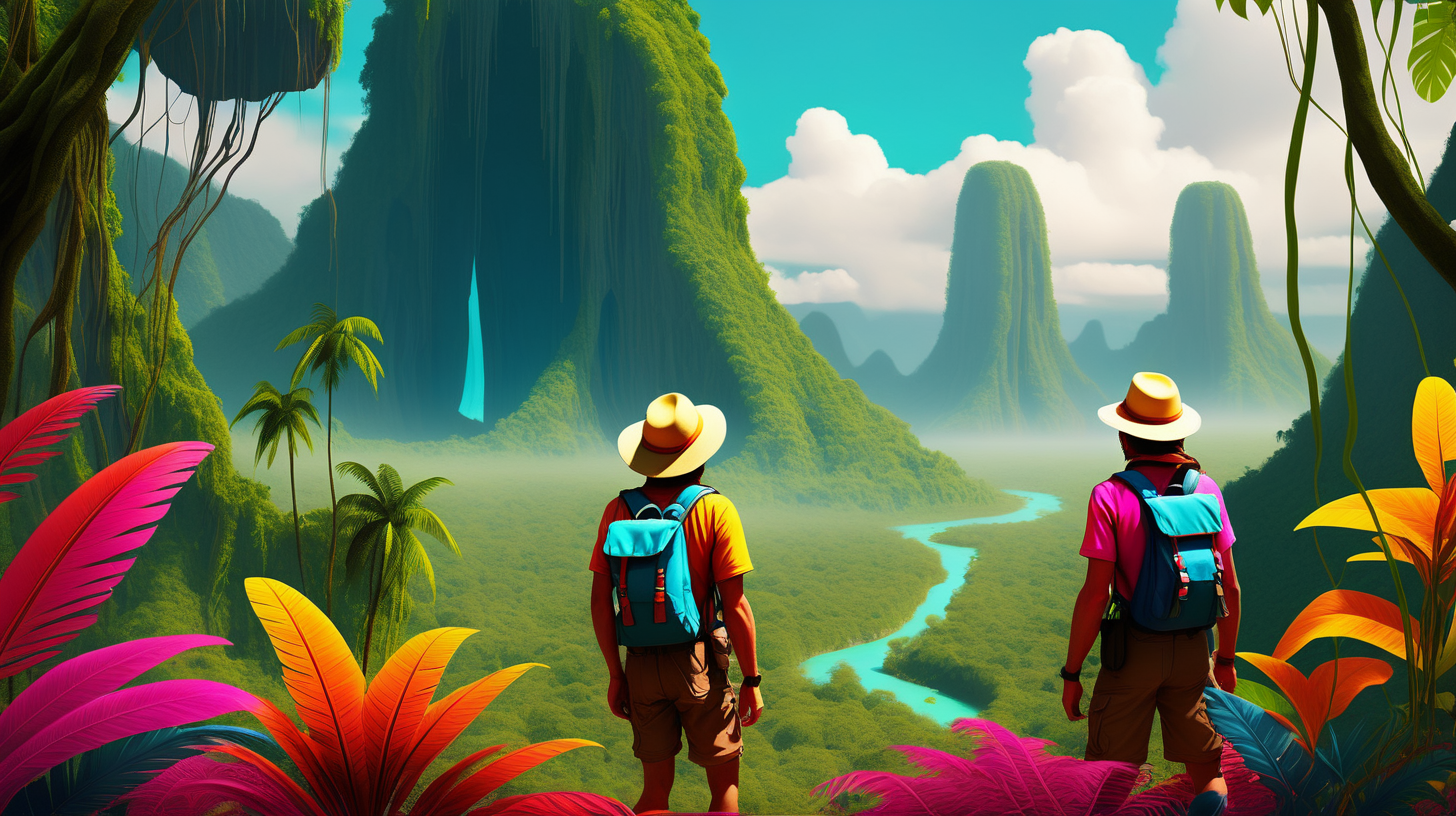 two explorers in the jungle with vivid colors and a vast landscape