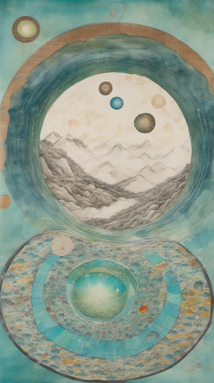 chinese gongbi drawing, with traversable wormhole, other worldly scenery, cosmos, quail eggs, greenblue mountain, underground, layers and textures