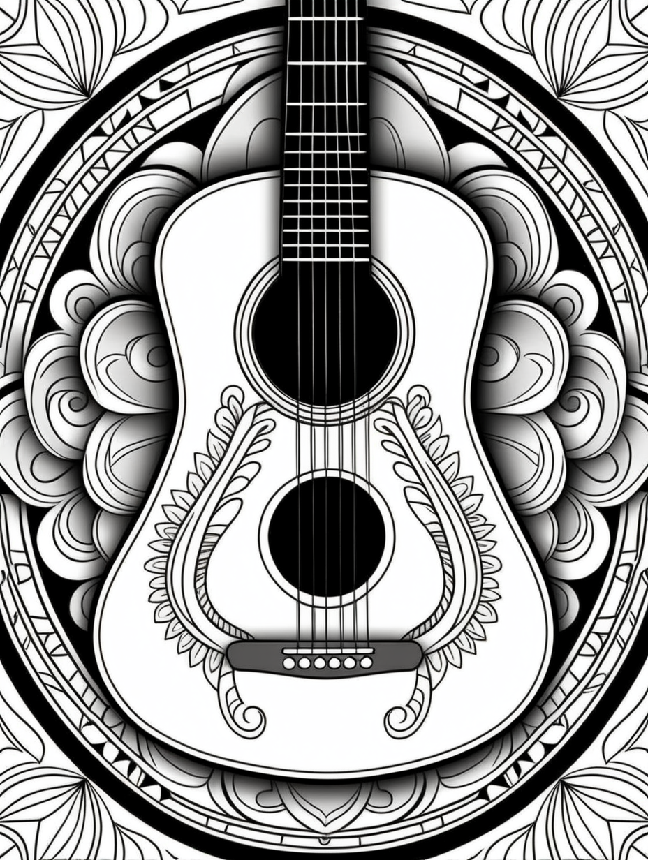 acoustic guitar inspired mandala pattern, black and white, fit to page, children's coloring book, coloring book page, clean line art, line art, no bleed