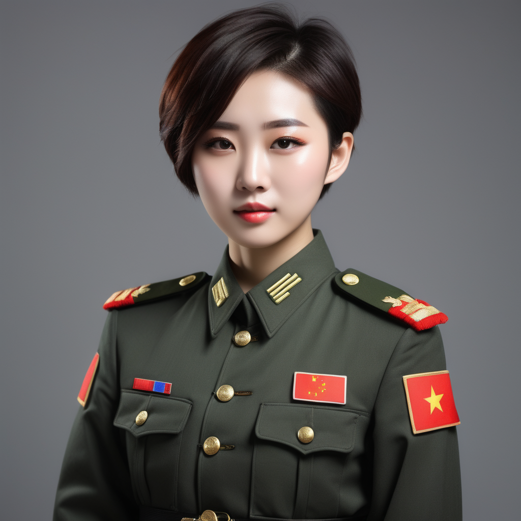 A Chinese female soldierYoung personShort hairLarge chest