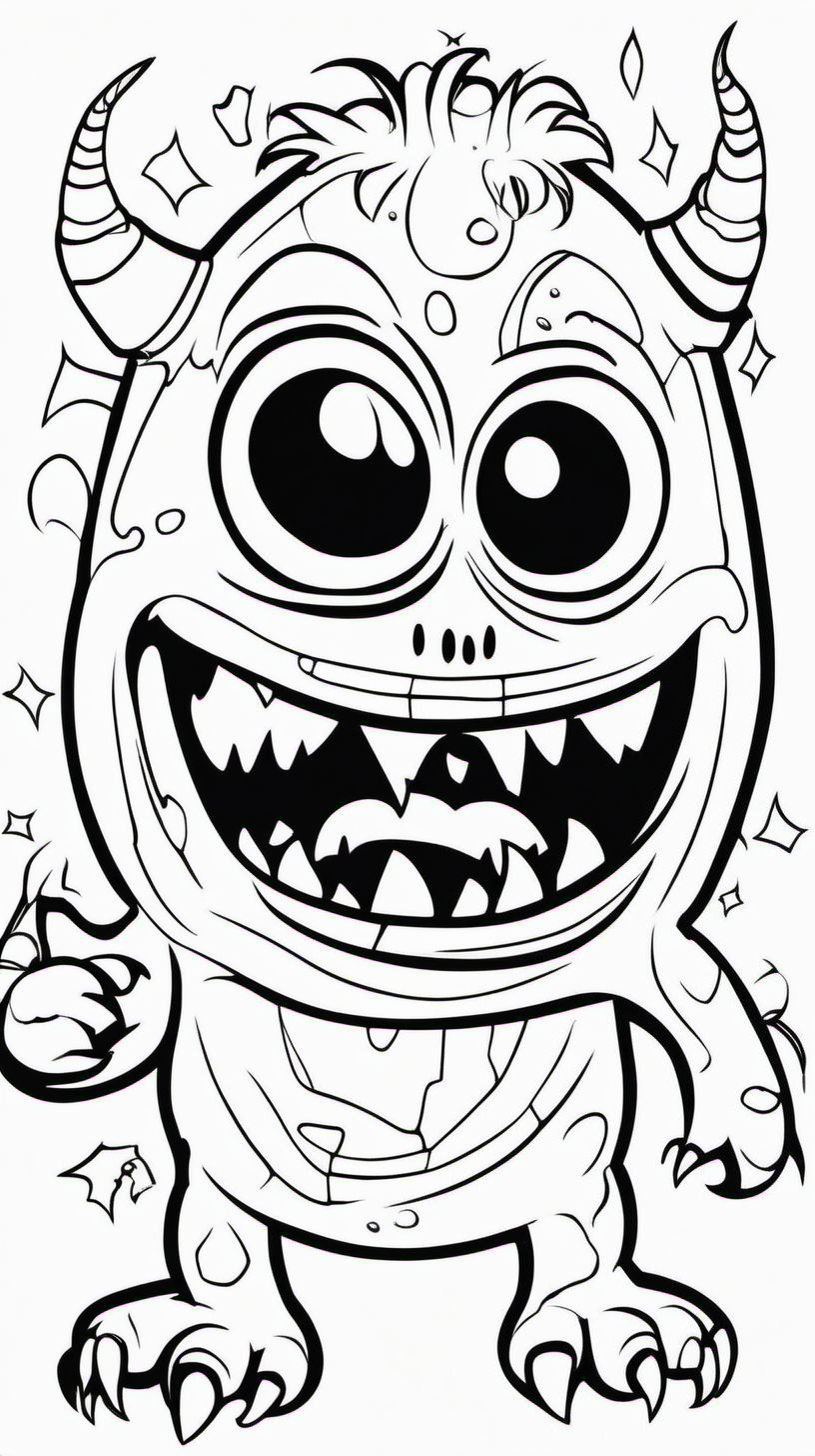 A coloring book for children consisting  happy of 80 pages about a monster at a Halloween party, a white background without shadows, and the drawing is in black, with a precise line in English.