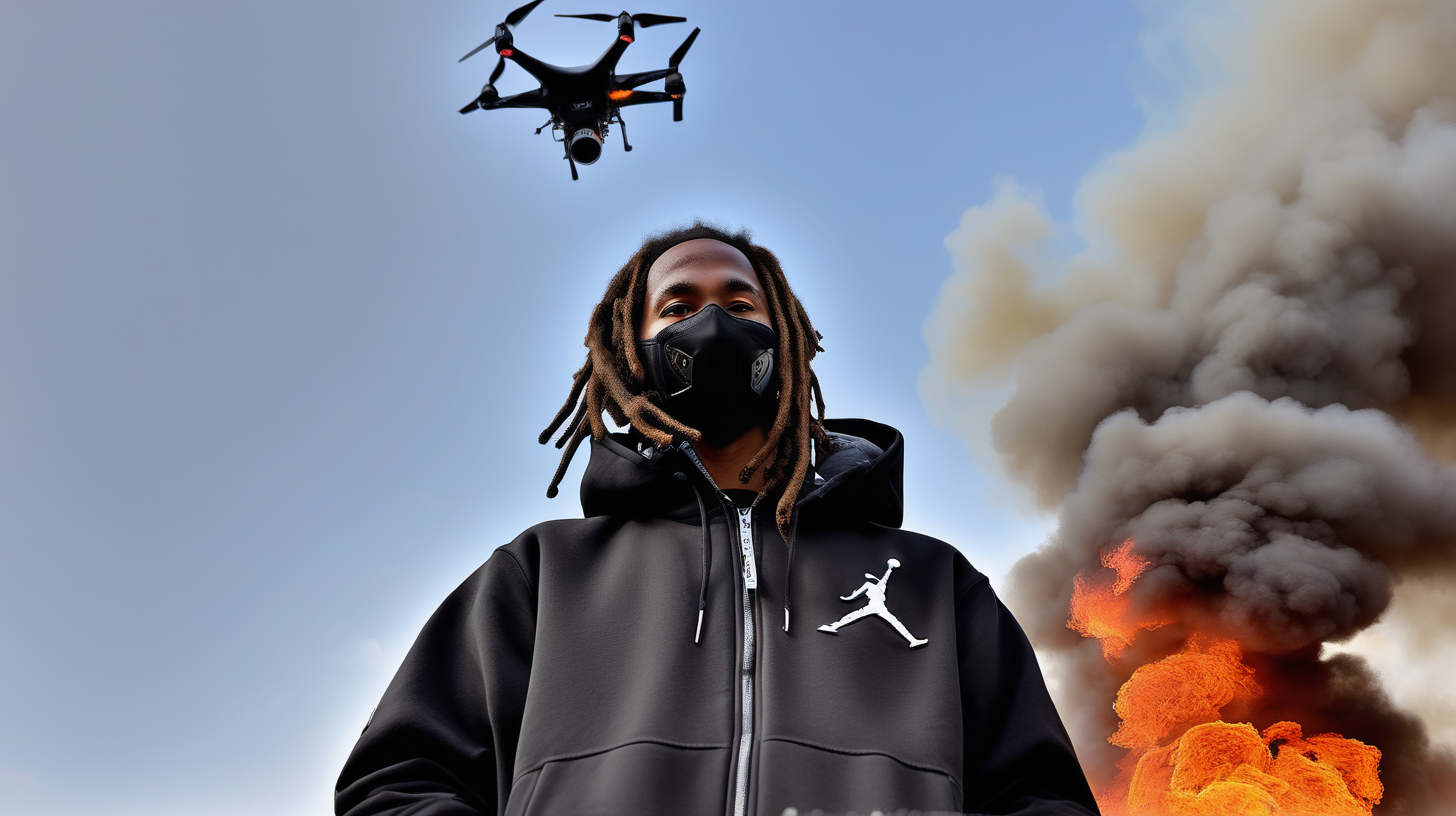 a man with ski mask and dreads wearing black jordan 5 sneakers with a grey hoodie and grey sweatpants holding a camera, metropolitan city on fire, with people running away from the fire, with luxury cars flipped upside down and on fire, add drones to sky