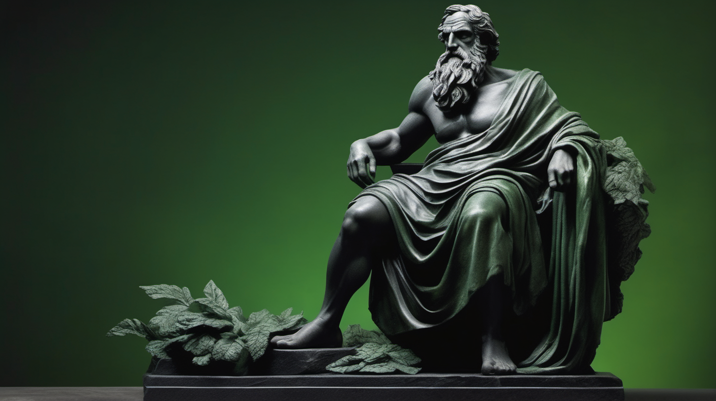 "Create a visually striking and realistic representation of a Greek old man in the form of a dark black green stone statue. The statue should be set against a green cloudy background, featuring prominent muscles, long hair on the beard, a single cloth draped over one shoulder, and a scattering of dark green stone tree leaves surrounding the scene. The goal is to evoke a sense of ancient Greek artistry with attention to detail and a harmonious composition."