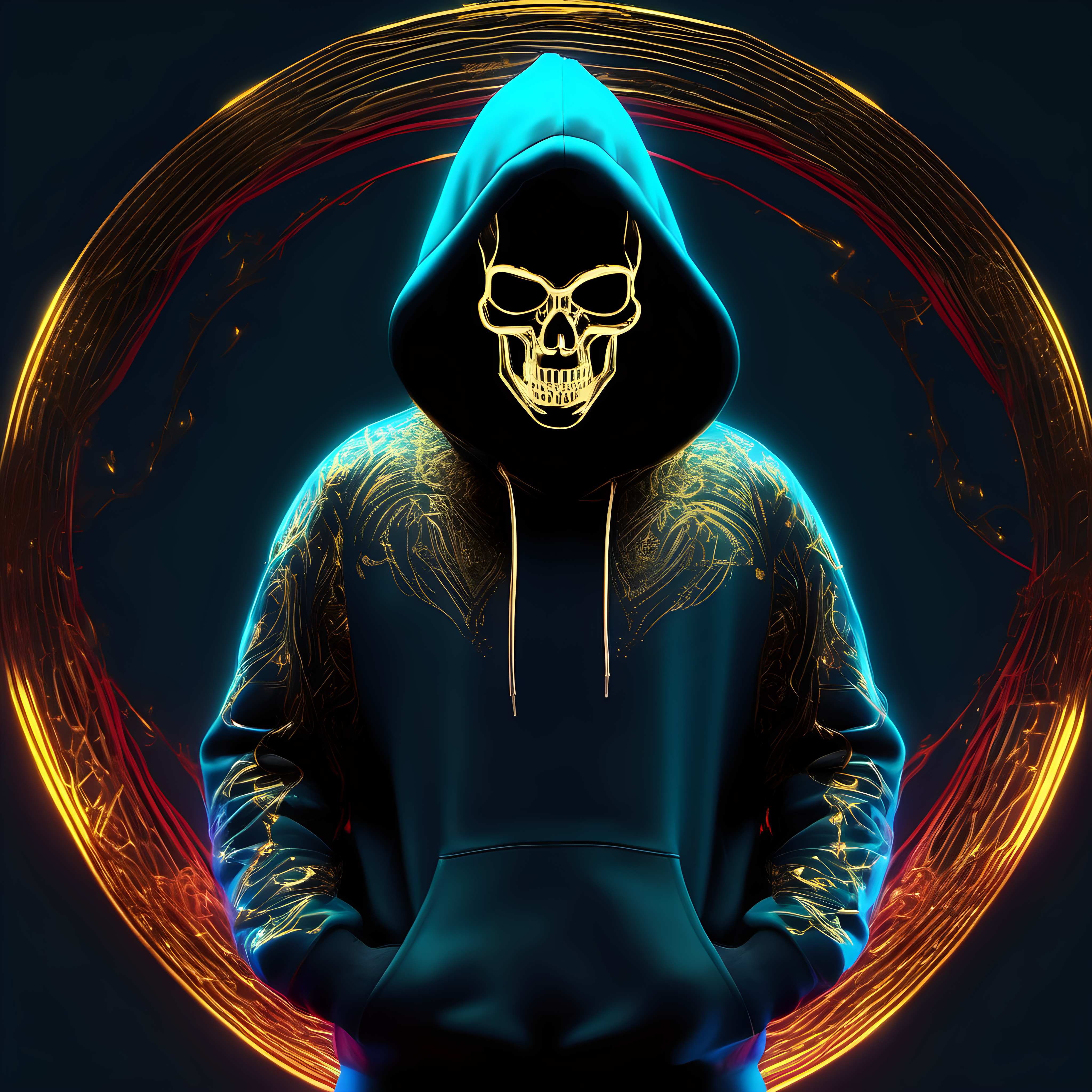 a dark man wearing a gold hoodie has light at the end of his black cape in the style of skull motifs, dark blue and dark red cyan, made of wire  32k uhd, airbrush art glowing neon