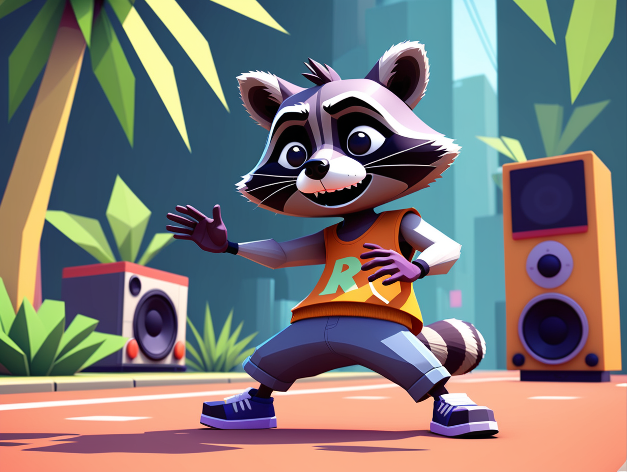 Generate an in-game screenshot for a PS1-era rhythm game with a flat art style, featuring a Raccoon protagonist. The scene should capture a lively moment in the rhythm game, showcasing the Raccoon's rhythmic actions with flat and vibrant visuals reminiscent of classic rhythm games like PaRappa the Rapper and Um Jammer Lammy.

Incorporate smooth low-poly graphics reminiscent of the PS1 era, staying true to the flat and simplistic art style of classic rhythm games. The soundtrack should be influenced by a hip-hop vibe, setting the tone for the rhythmic gameplay. Set the scene in a visually engaging tropical environment that complements the rhythm game experience. Ensure the screenshot encapsulates the fun and energetic essence of classic PS1-era rhythm games, featuring the unique charm of a Raccoon protagonist with a flat art style.

Embrace the fusion of rhythm gameplay, low-poly graphics, and a hip-hop aesthetic, delivering a visually appealing and lively atmosphere reminiscent of classic PS1-era rhythm games with a flat art style.