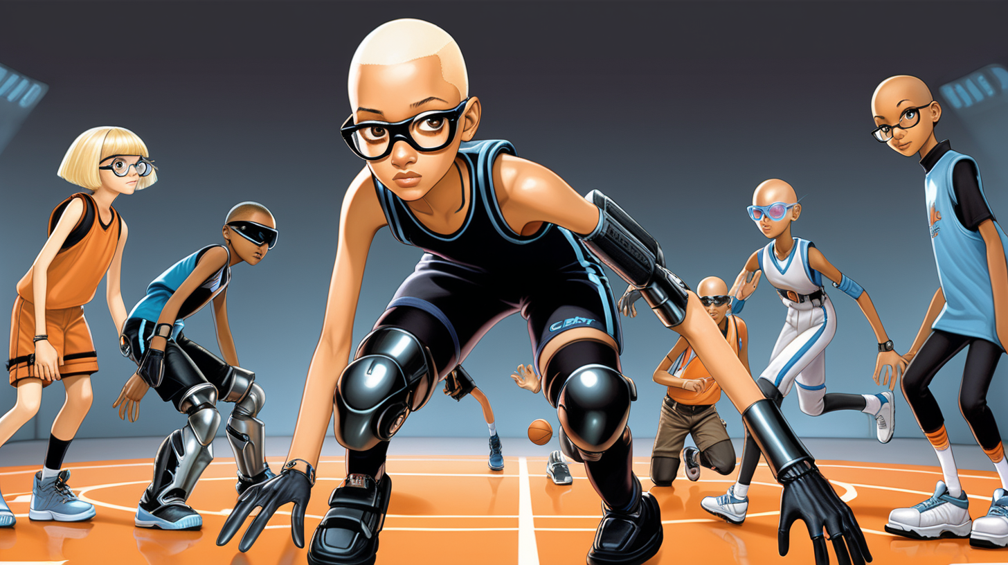 mixed-race girl as first image with a bleach blond shaved head, wearing large black-rimmed glasses, 12 years old, with a futuristic prostetic legs and infrared eye, she should have built in technology that looks natural reference inspector gadget. She is playing basket ball with friends who also have.
