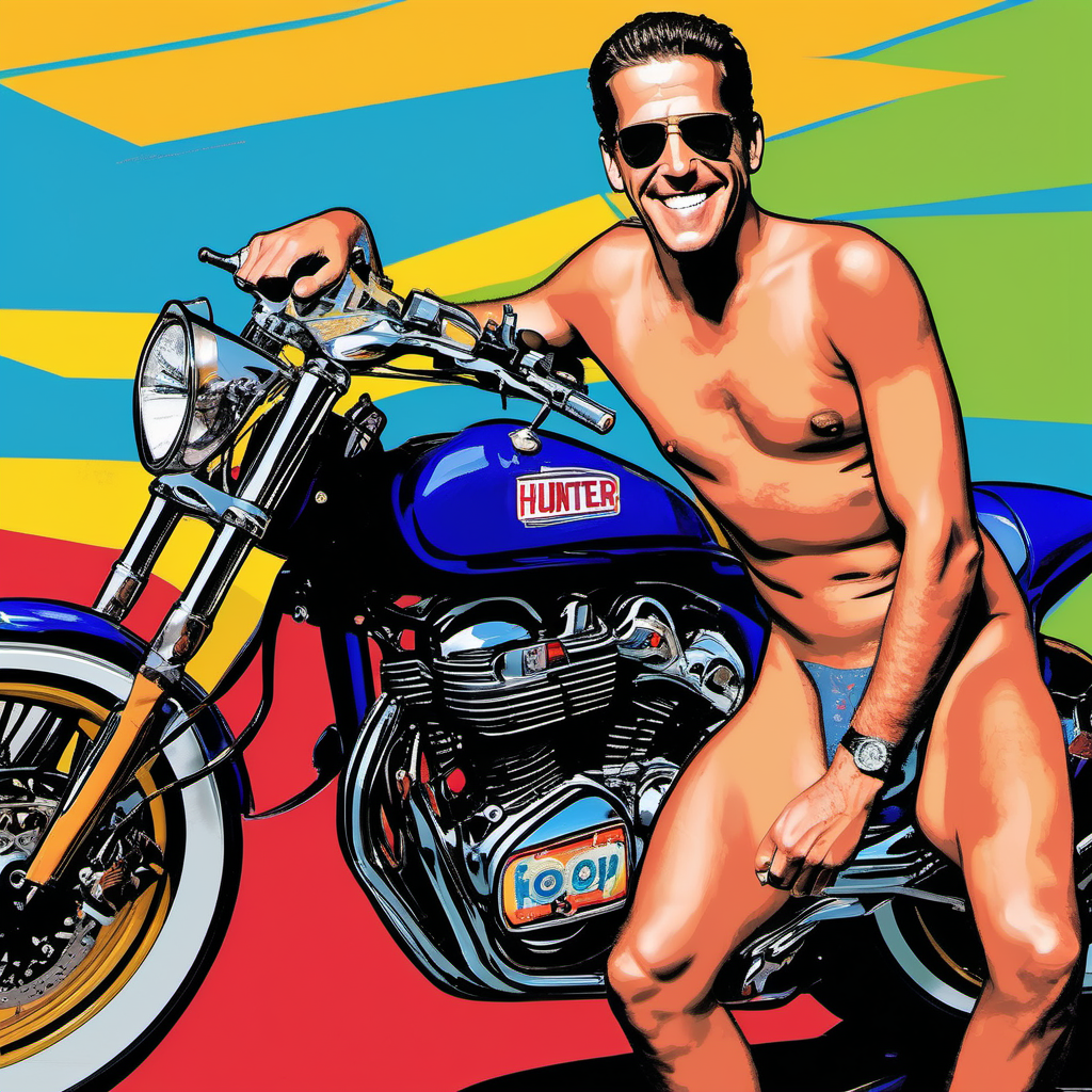 ((Hunter Biden)+ riding a motorcycle (naked)++))+ in the style of (pop art)