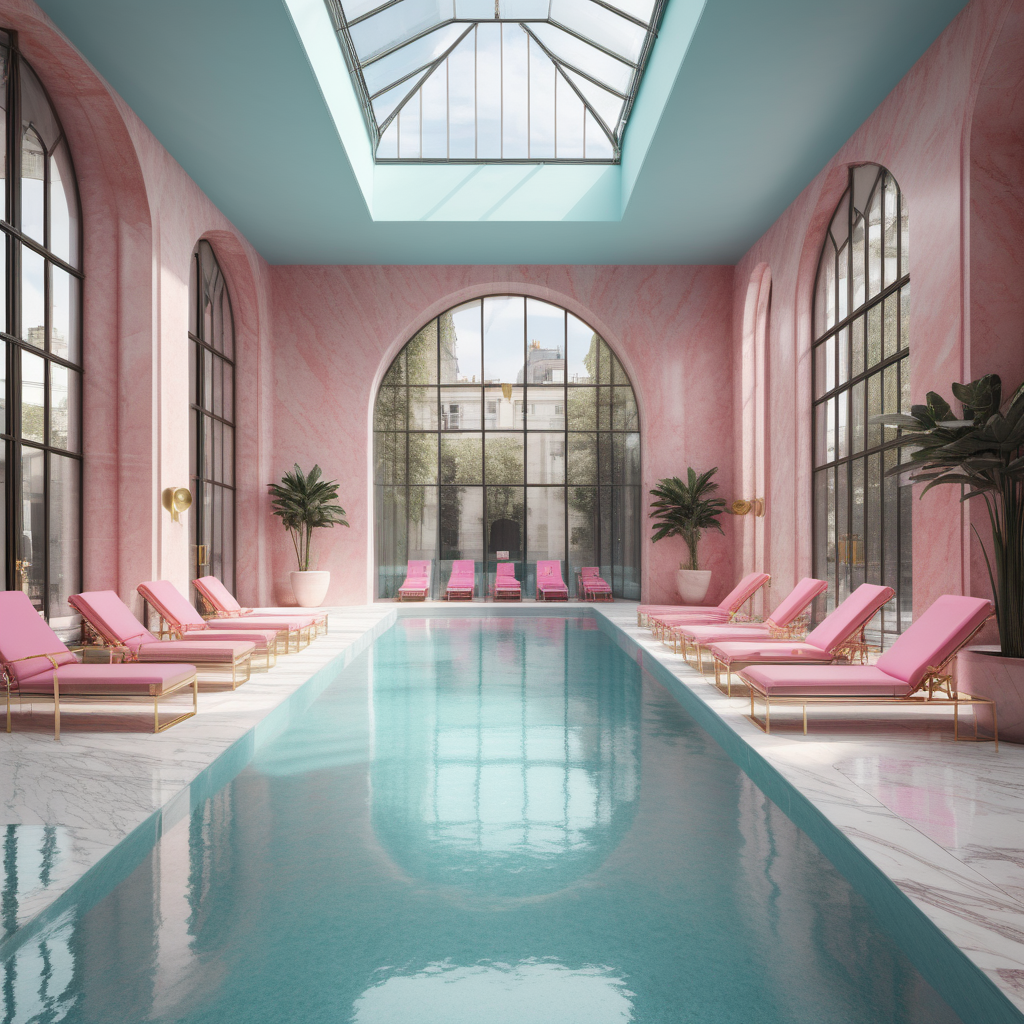 hyperrealistic image of modern Parisian  indoor pool, sunbeds, in an aqua, pink and brass colour palette, limestone pavers, floor to ceiling windows