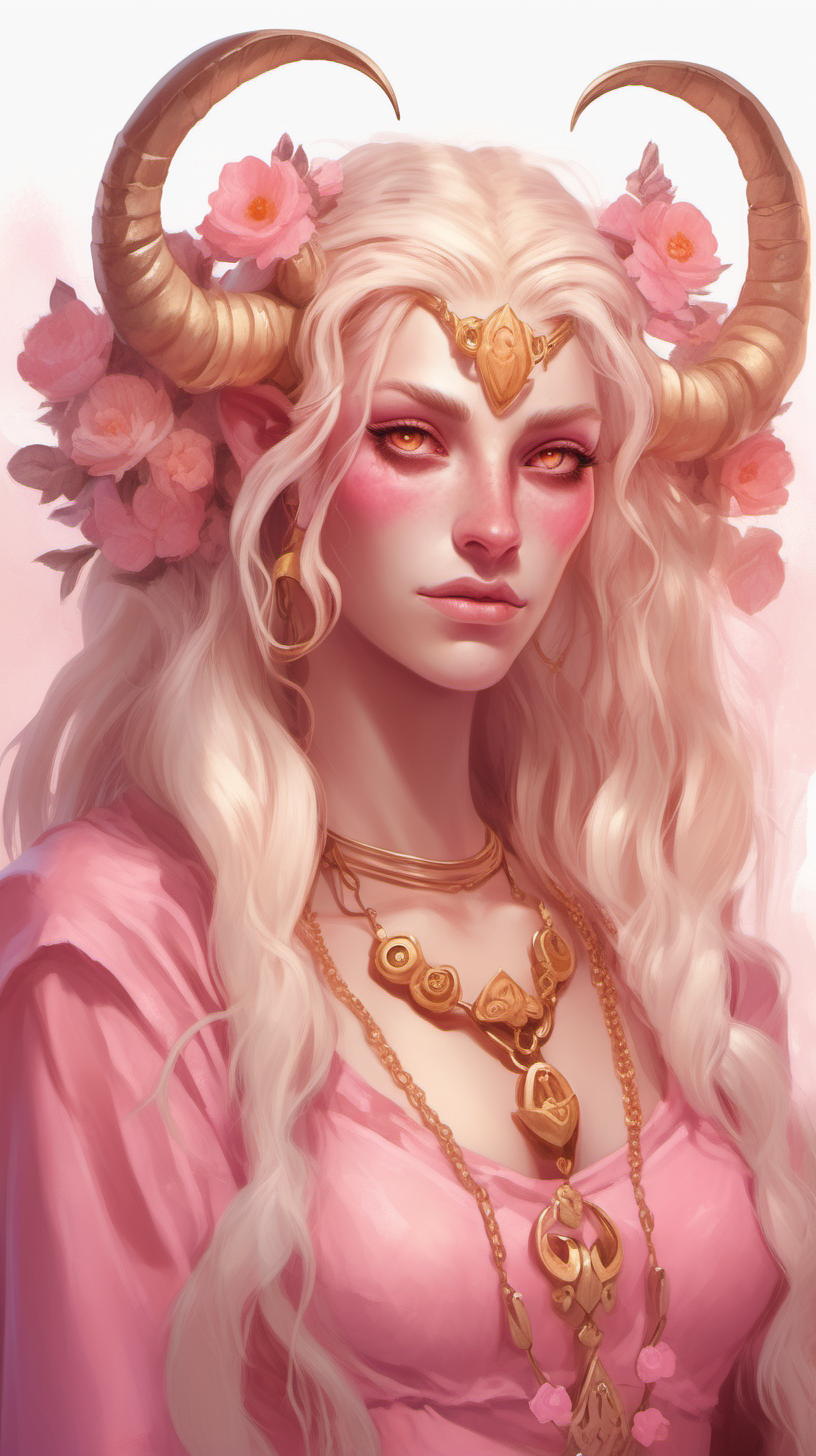 Pink skinned tiefling woman. She has white horns that meet at the top of her head to form a heart. She has light pink eyes. She has light blonde eyelashes. Her eyelashes are not black. She has blonde long hair with a orange tint. She is wearing a pink Greek-style dress with lots of flowers. She is wearing gold jewelry. She is holding a bouquet of pink flowers. 