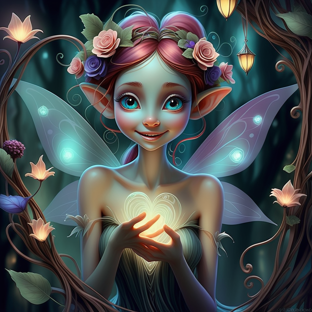 /envision prompt: "Whimsical fairy valentines" reinterpreted in a digital illustration with a contemporary flair, inspired by the intricate and fantastical style of Brian Froud. The fairies, with otherworldly features, dance amidst swirling vines and glowing heart-shaped orbs. The color palette is a mix of jewel tones and iridescence, creating a visually captivating scene. Facial expressions vary from mysterious smiles to enchanting gazes, conveying a sense of magical allure. The lighting is ethereal, casting a soft glow on the fairies and the enchanted surroundings. The overall atmosphere exudes a modern yet timeless enchantment.--v 5 --stylize 1000
