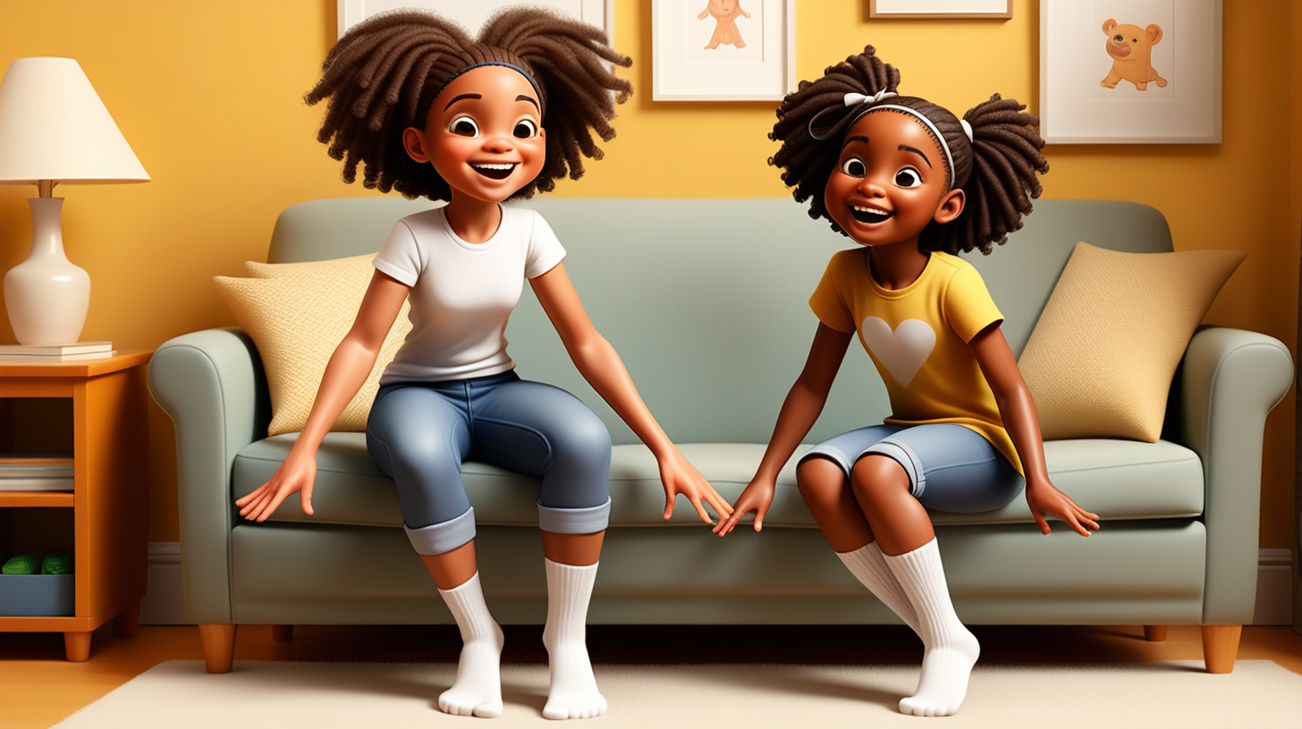 children's-book illustration: 
5-year-old, african-american girl, mahkai, and her mom.

mahkai is jumping. her mom was sitting.

no-deformities; no-double-headed-characters.

yellow-background and yellow-sofa. make their bodies proportionate.

two-legs-per-character-only.


 beautiful-hands, detailed-fingers. looking at each other. 

same clothing in each image. They are both wearing jeans and plain white t-shirts: 
vector art. 3d. natural, realistic looking. 

only two characters, mahkai and her mom only.

all whole-total-body-photos, from top-of-head-to-white-socks.

full-length portrait photo: showing white socks on both characters feet.

full body shot photo. show white socks on feet in each image.