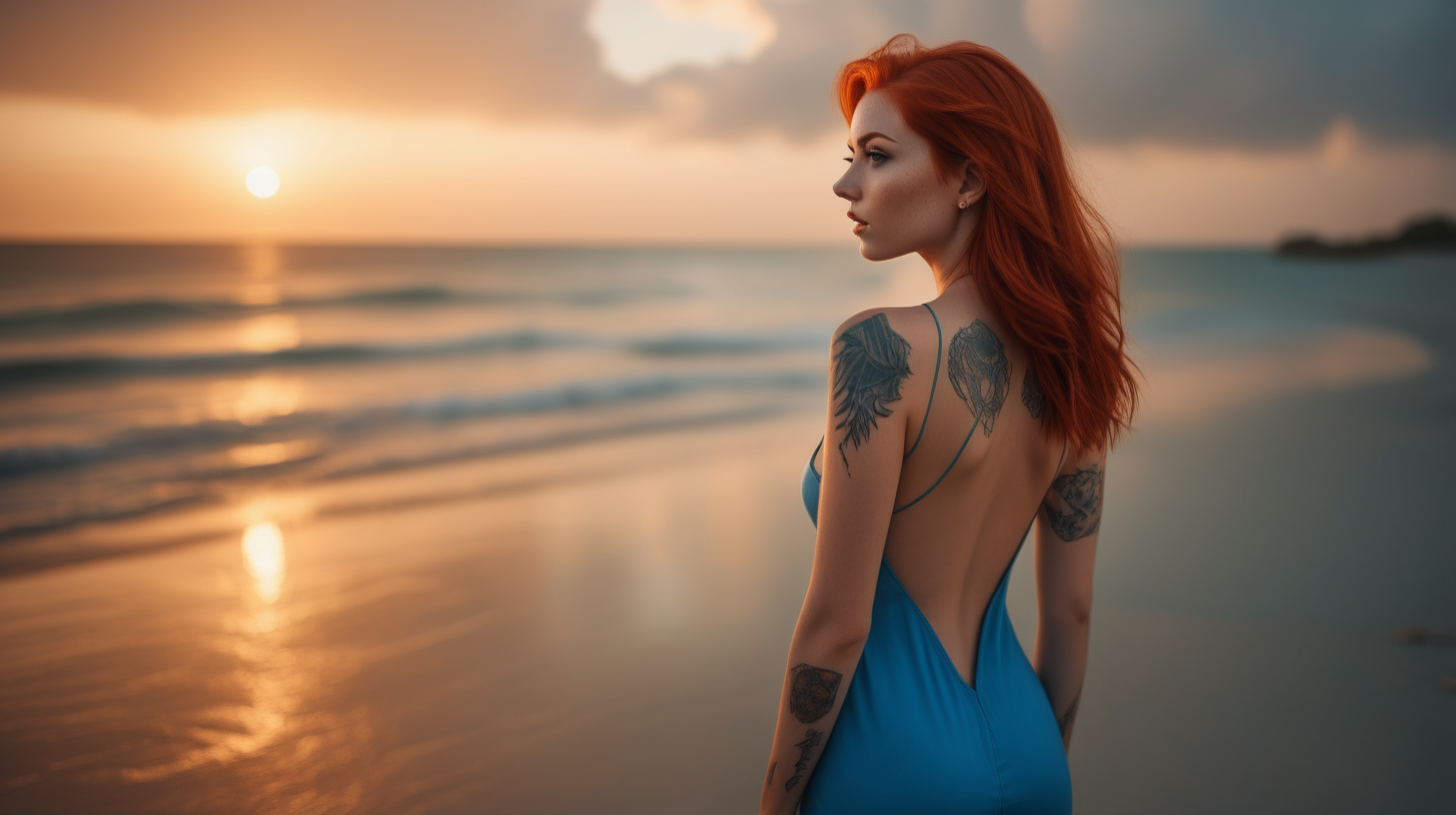 the photo is taken in a tropical beach, sunset. Only one beauty girl is standing, She is looking to the see. The girl is wearing a short blue alluring dress that reveals her body curves, redhead straight hair, she has a wolf tattoo on her back. The lighting in the portrait should be dramatic. Sharp focus. A ultrarealistic perfect example of cinematic shot. Use muted colors to add to the scene.