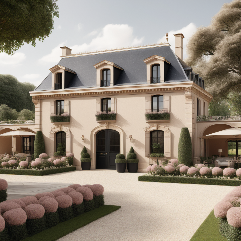 A hyperrealistic image of a modern Parisian horse stables guest house viewed from the outside in a beige oak brass colour palette with accents of black and dusty rose, with an adjoined veranda covered in star jasmine, and beautiful garden beds and sprawling lawns around it
