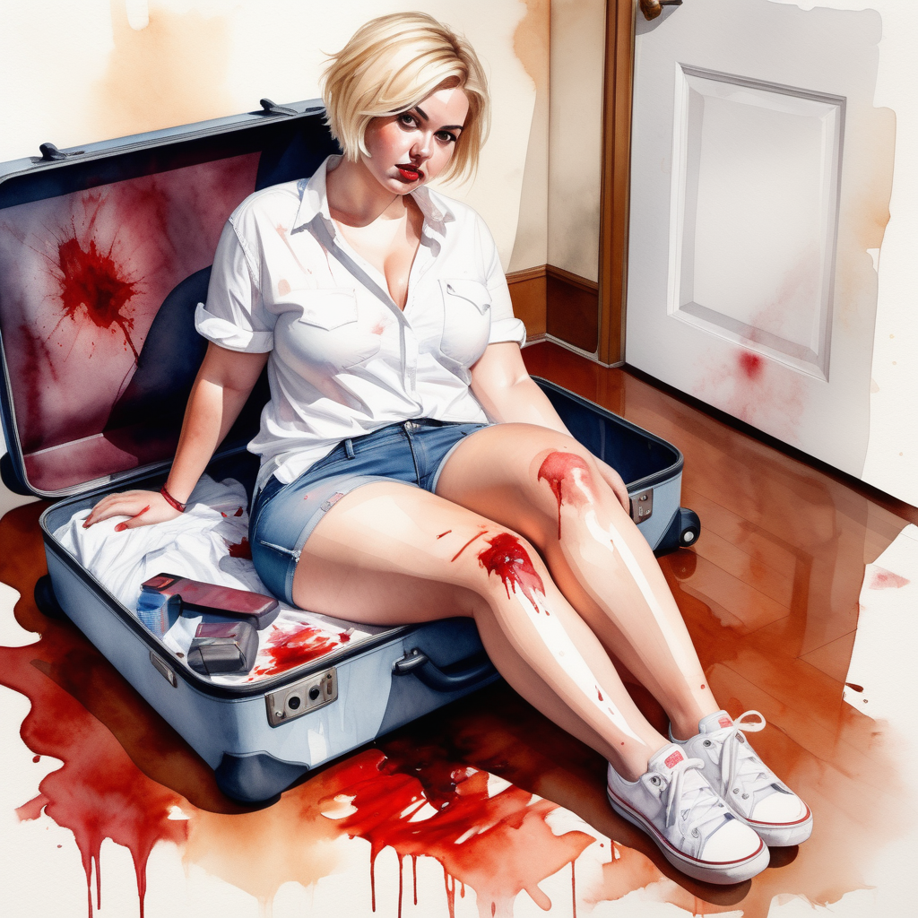sexy curvy blonde woman, short hair, wide hips and big ass, white shirt, denim shorts and sneakers on her feet, with a knife in her blood-stained hand, sitting with her legs open on top of a large suitcase lying on the floor of a living room in a house, image based in watercolor paint.