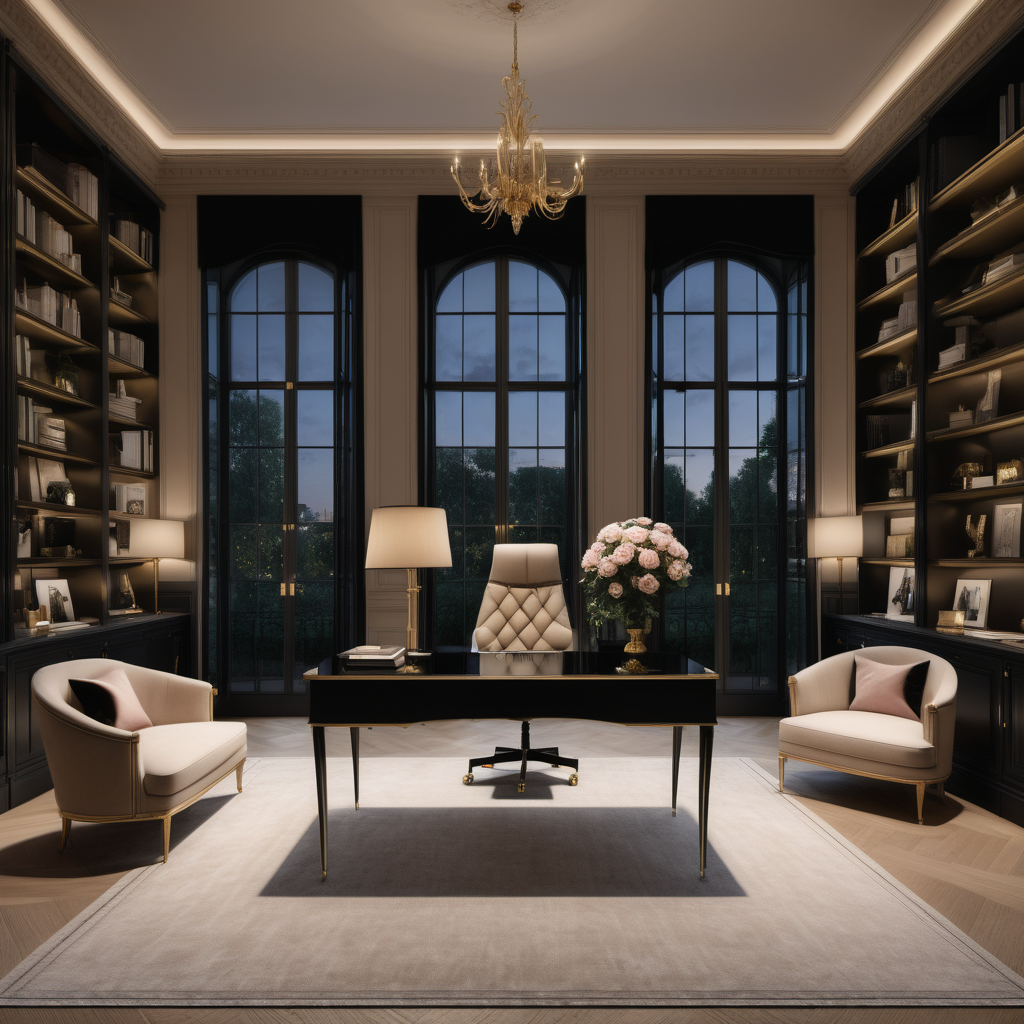 a hyperrealistic of a grand modern Parisian estate, feminine home office at night with mood lighting, floor to bookcases, floor to ceiling windows with a view of the manicured gardens, in a beige oak and brass and black colour palette
