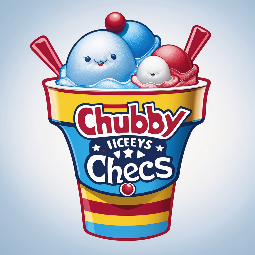 Creat an image of a stylized 3 dimensional emblem with resemblance to a badge or seal. The emblem features the company name “Chubby Cheeks Iceys” in bold raised lettering. The central image of red blue and yellow scoops of italian ice in a clear cup