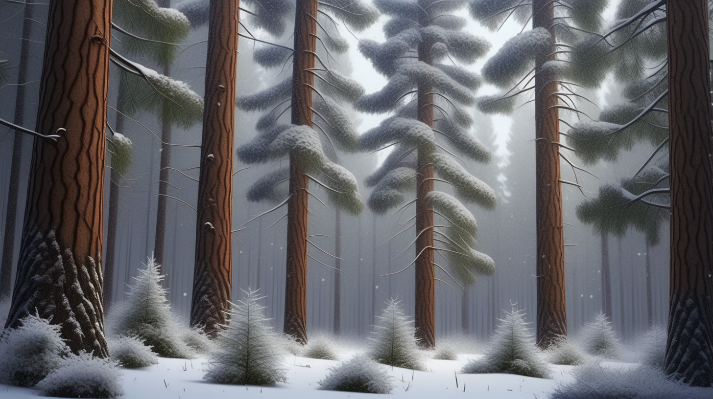 В лесу зима, падает снег , снежинки кружатся в воздухе и ложатся на деревья высокие сосны, ели, дубы  и  на землю