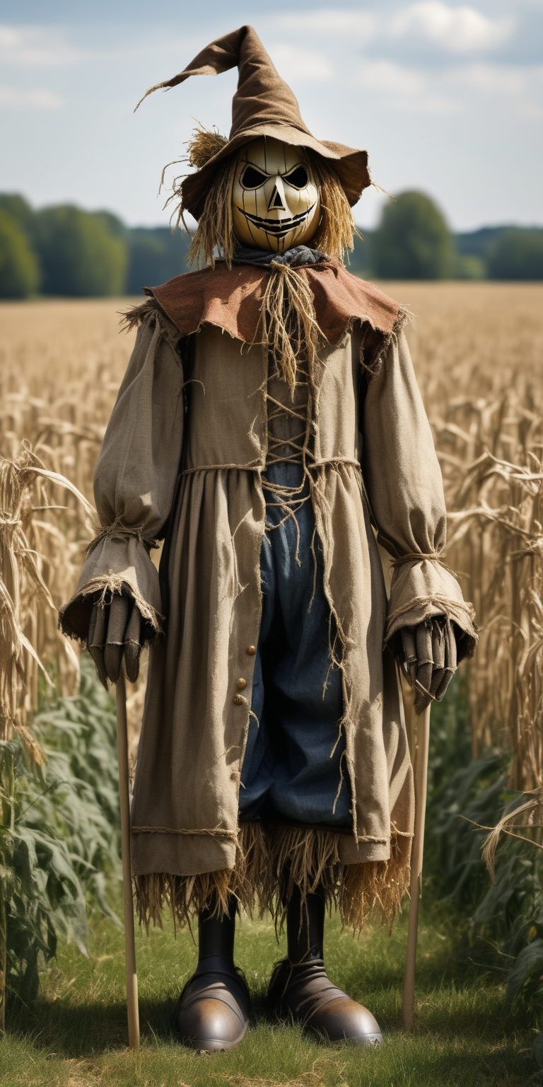 realistic medieval scarecrow decoy in a field