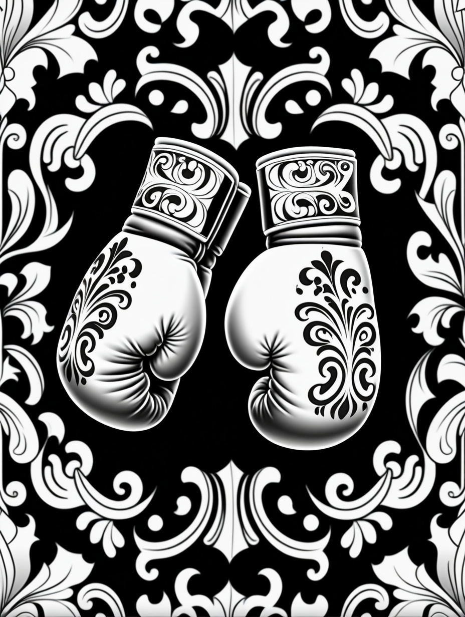 no shading, boxing gloves, damask Motif Pattern outlined, outline drawing, unfilled patterns, black and white, coloring book page,  clean line art, line art, no shading, clear edges, coloring book, black and white, no color, line work for coloring