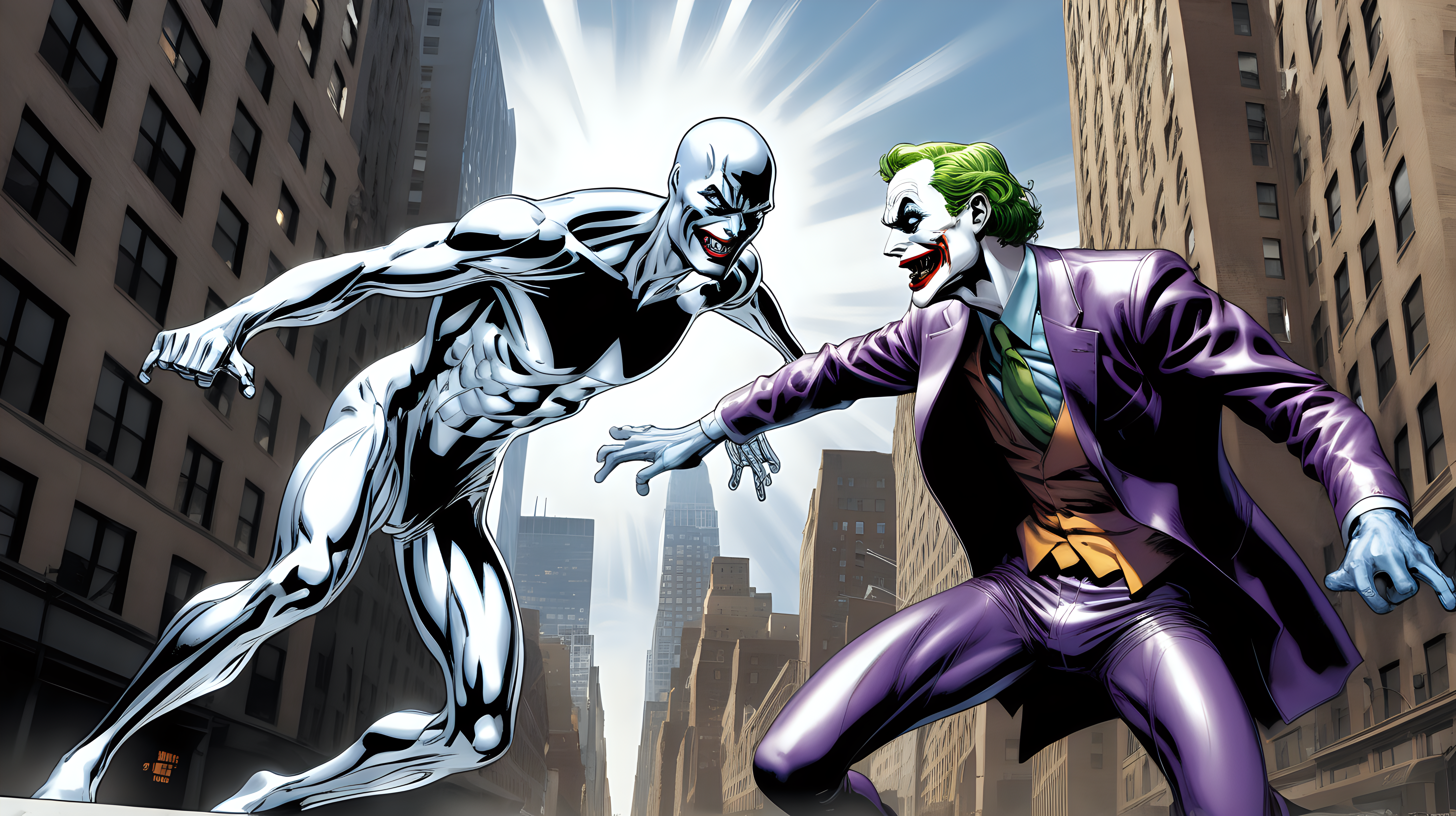 The silver surfer fights the joker in NYC