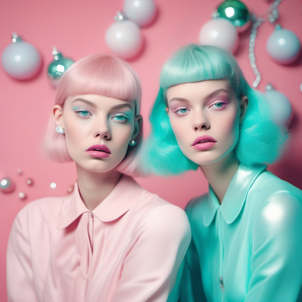 Ethereal editorial retro future twin woman at a Christmas party, pastel colours beautiful innocent woman, pink, aqua