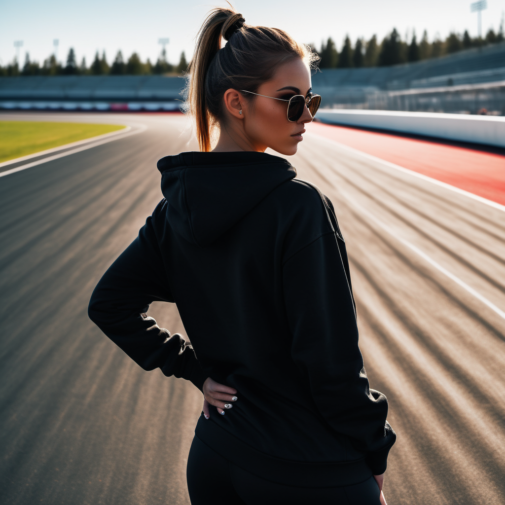 hot girl with sunglasses on and a black PLAIN hoodie facing away on a race track and shes standing 5 feet away