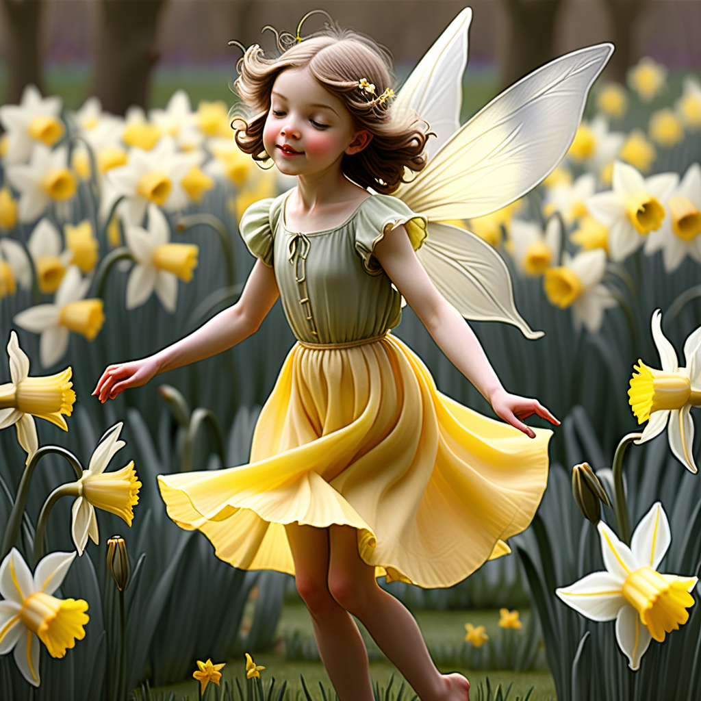 Imagine a fairy gracefully dancing amid a field of daffodils, each petal echoing the movement, mirroring the grace and elegance portrayed by Cicely Mary Barker.