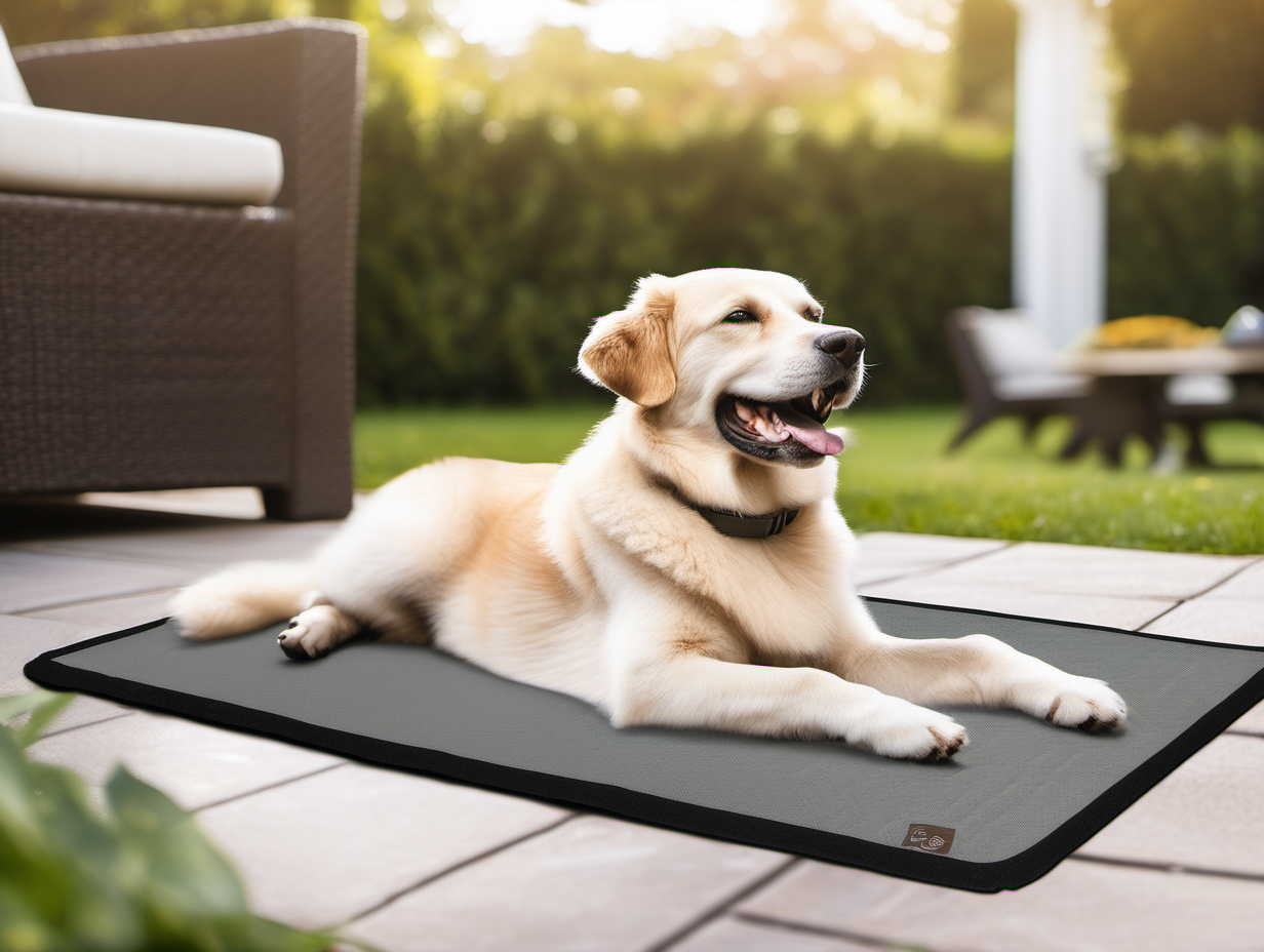 Create an image of a dog relaxing on the PVC outdoor dog mat, outdoors on the backyard. The mat color is dark grey. The dog is of a large size, looks happy and relaxed, with the tongue out, laying on the mat sideways to the camera, looking to the right, turned away from the camera. The color of dog is grey. The dog mat is placed outdoors on the backyard terrace. The weather outside is bright and sunny.