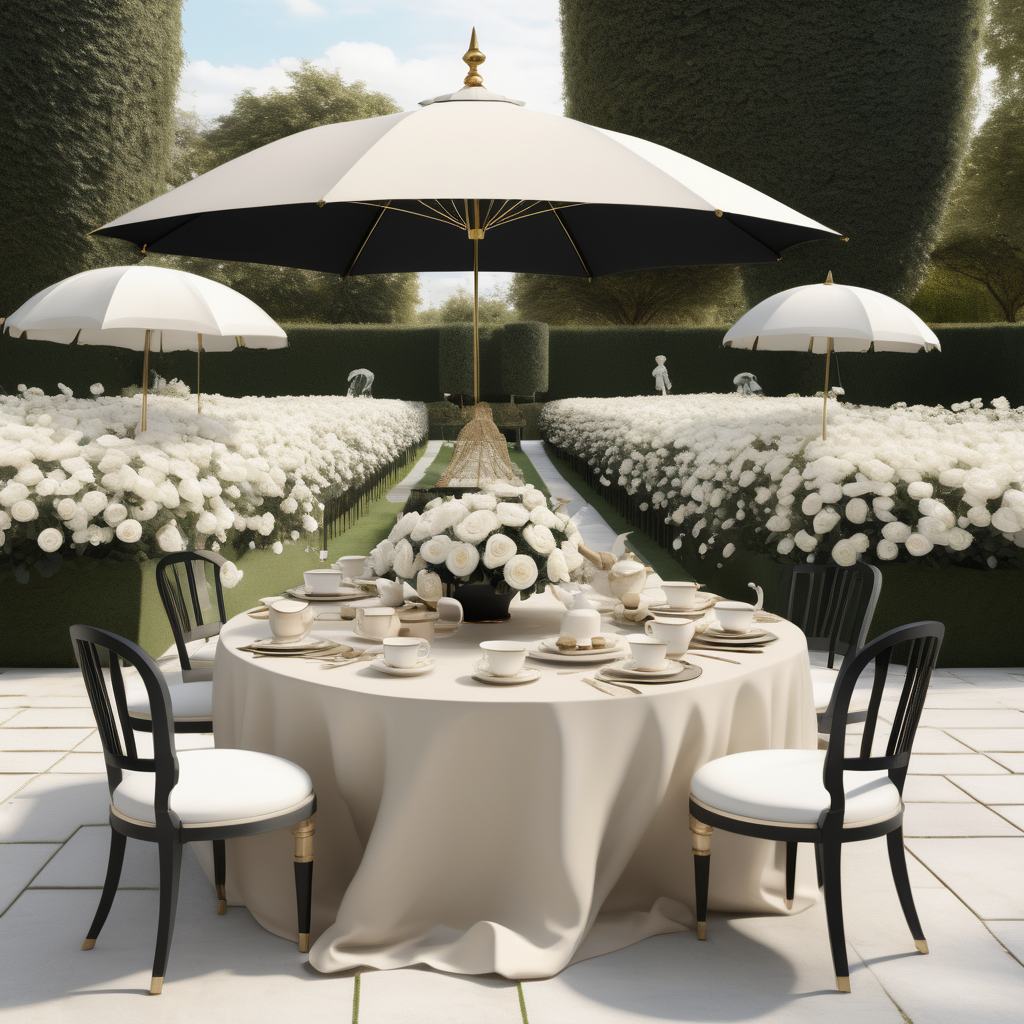 a hyperrealistic image of a grand Modern Parisian  garden tea party in a large open yard surrounded by manicured gardens and white roses in a beige oak brass and black colour palette, with Umbrellas