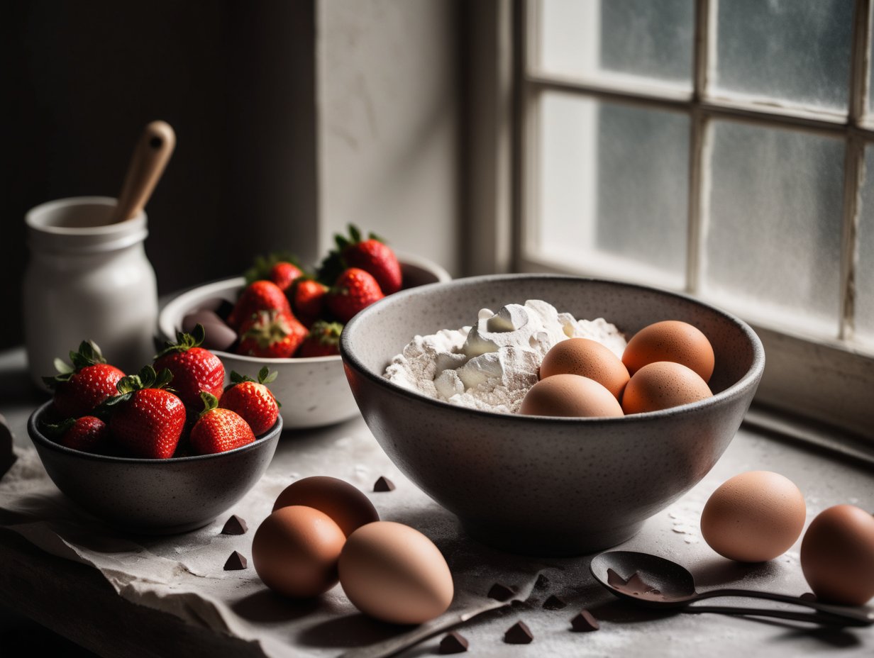 flour in a bowl, eggs on bench, utensils on bench, strawberries in a bowl, chocolate chips in a bowl. moody, ambient, neutral, artistic style. angled view.