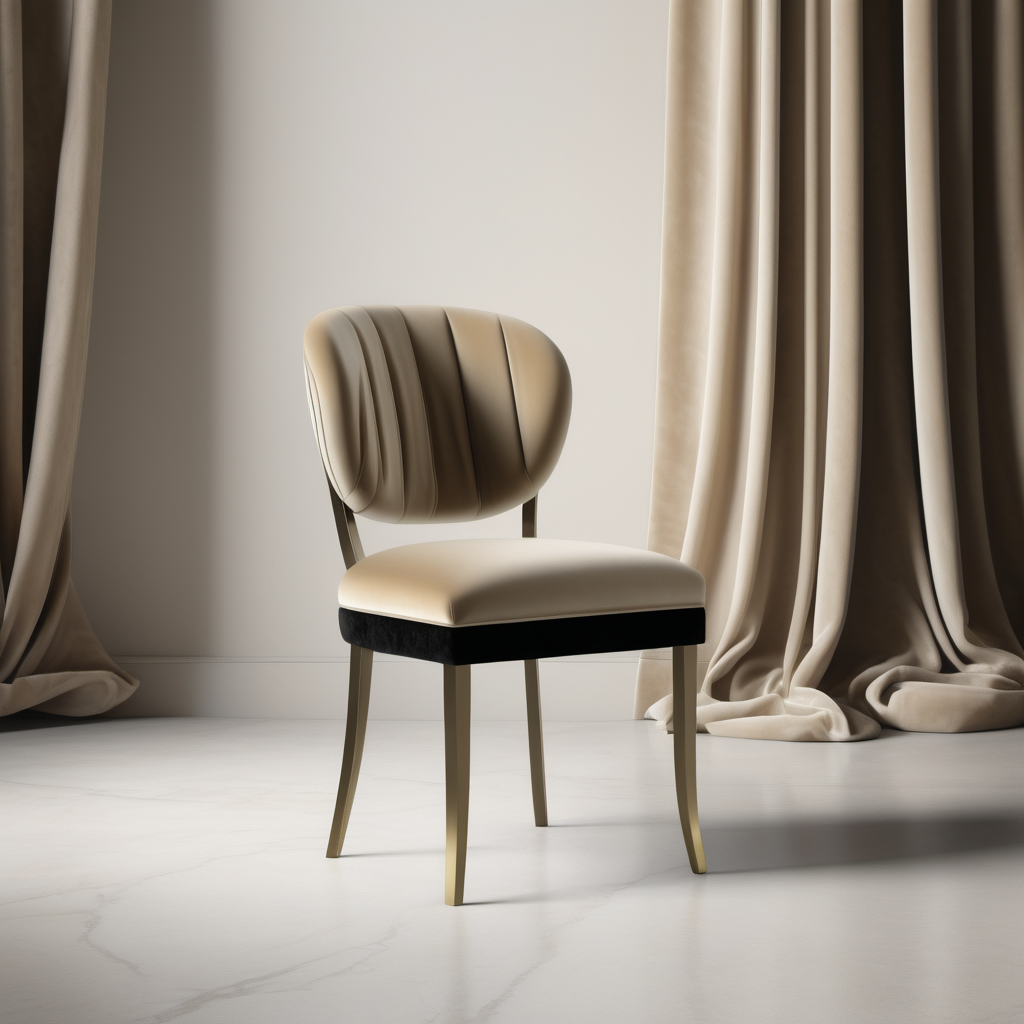 a hyperrealistic image of a velvet modern Parisian  dining chair in beige brass and black
