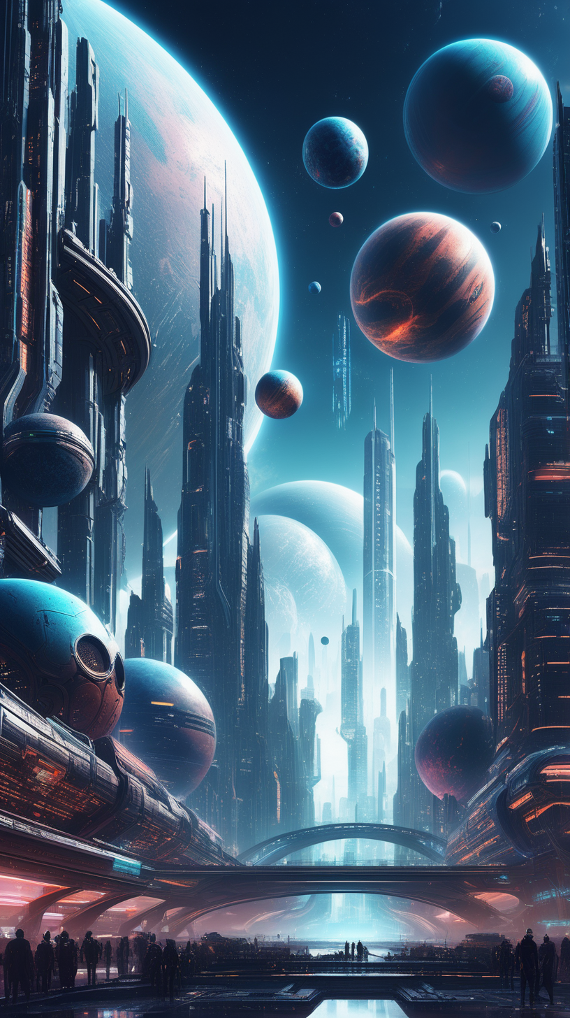 futuristic cyberpunk city with planets on the sky