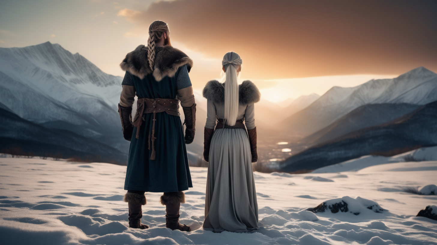 the photo is taken in snowy landscape with mountains in the distance sunset. one beauty woman is standing, a man is on her side. both are watching to the mountains. The photo was take from behind them. The woman is wearing viking indumentary, without weapons, white straight hair. The man wear viking indumentary too. The lighting in the portrait should be dramatic. Sharp focus. A ultrarealistic perfect example of cinematic shot. Use muted colors to add to the scene. Only one woman and one man