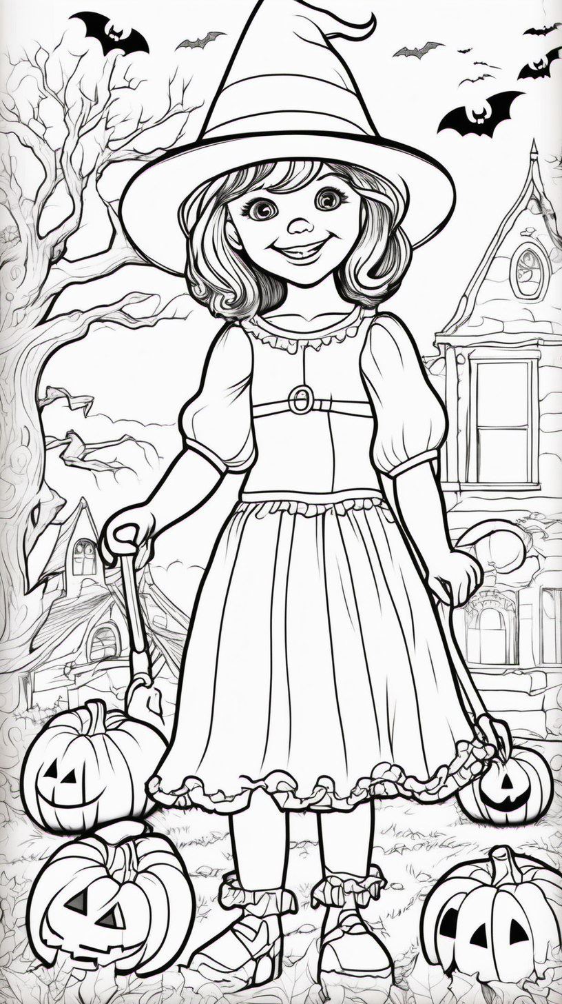 Cover of a children's coloring book: A little girl at a Halloween party, in full colors