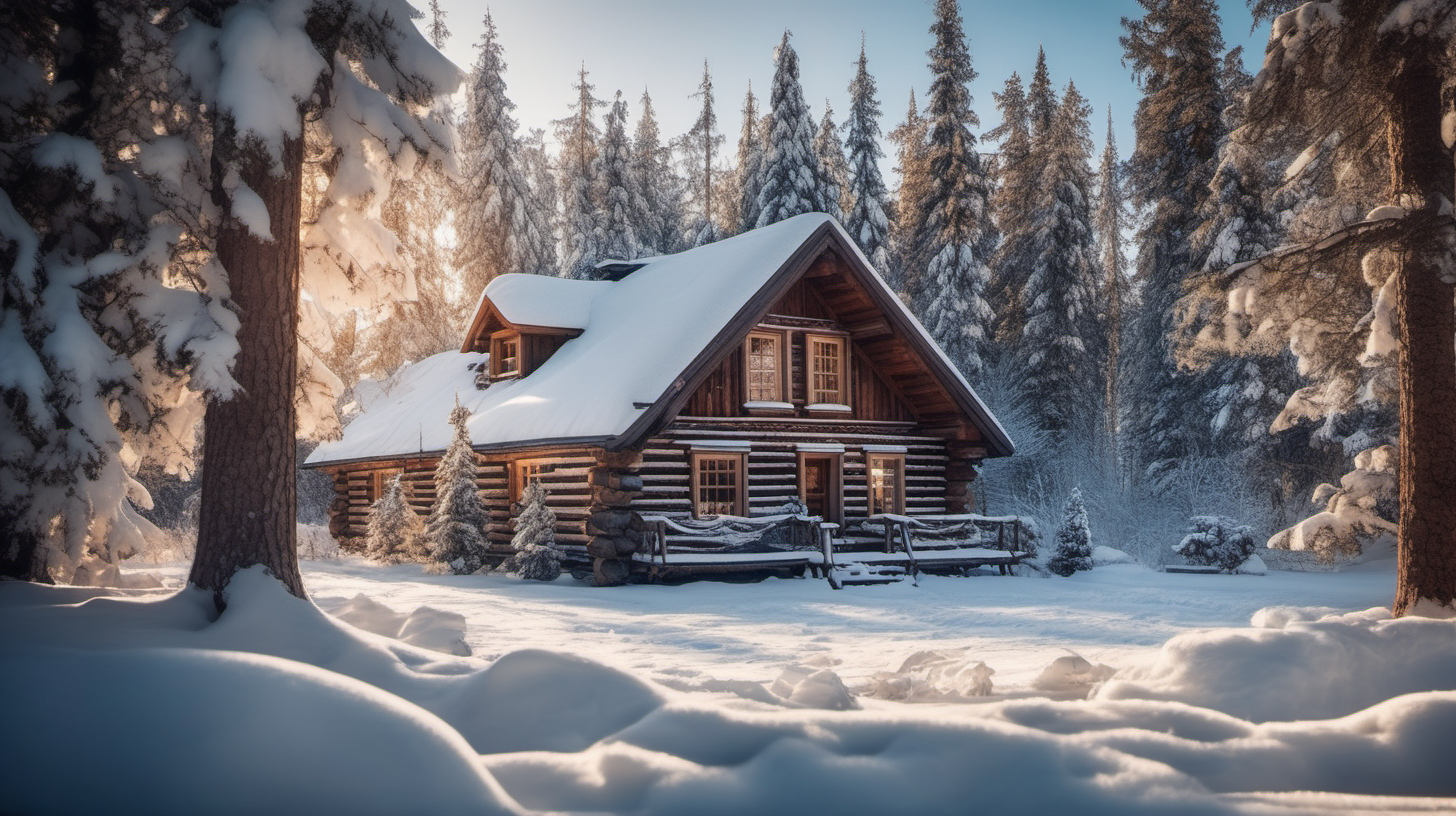 A cozy, snow-covered log cabin nestled amidst the tranquil beauty of a snowy Russian forest, however, the cabin is not actually there it's just open space. Two cars, partially covered in snow, are parked in front of the cabin, creating a serene winter scene. Cozy, Snowy, Rustic, Tranquil, Winter Wonderland. DSLR camera. Wide-angle or standard lens for capturing the cabin and the surrounding snowy landscape. late afternoon. Focus on the charming cabin enveloped in snow, portraying a sense of warmth and coziness against the wintry backdrop. Frame the shot to include the cabin, the surrounding snow-laden trees, and the parked cars, highlighting the rustic charm and tranquility of the scene. Aim for high-resolution digital images to capture the intricate details of the snow-covered cabin and the forest surroundings. Post-processing can enhance the wintry atmosphere by adjusting exposure and contrast, showcasing the inviting coziness of the cabin amidst the snowy Russian forest.



