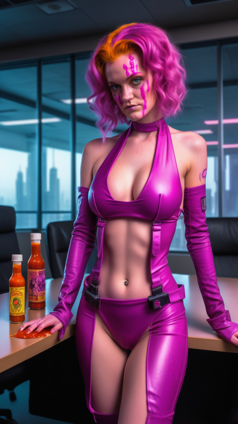 bikini Amilyn Holdo with hot sauce in cyberpunk conference room