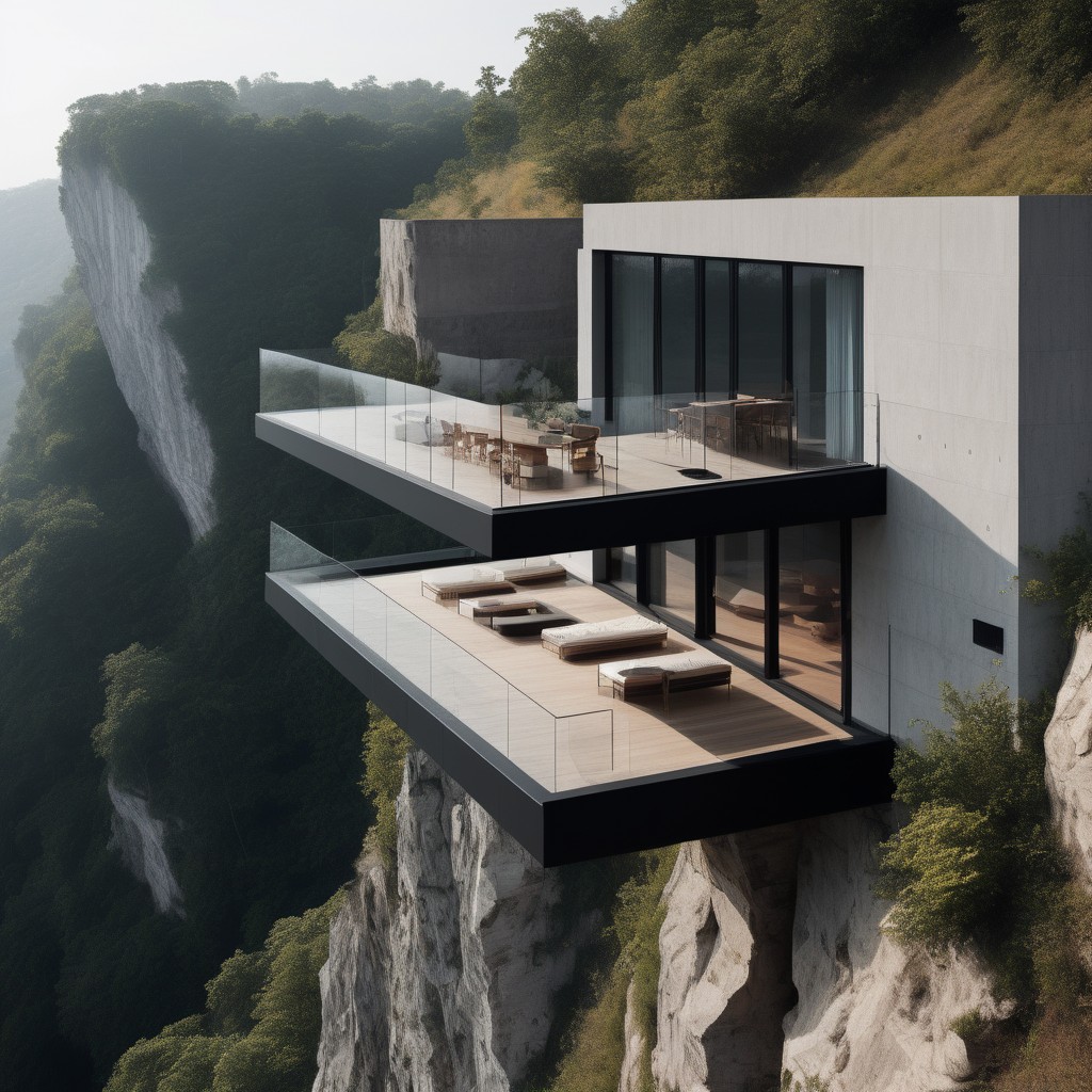 Make a minimalistic house hanging out on a high cliff, terrace should have a railling made out of glass 