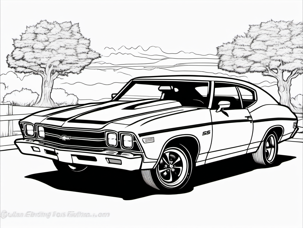 coloring page, classic American automobile, 1969 Chevrolet Chevelle SS, clean line art, no shade