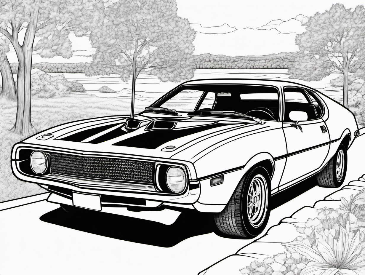 coloring page for adults, classic American automobile, 1971 AMC Javelin, clean line art, high detail, no shade