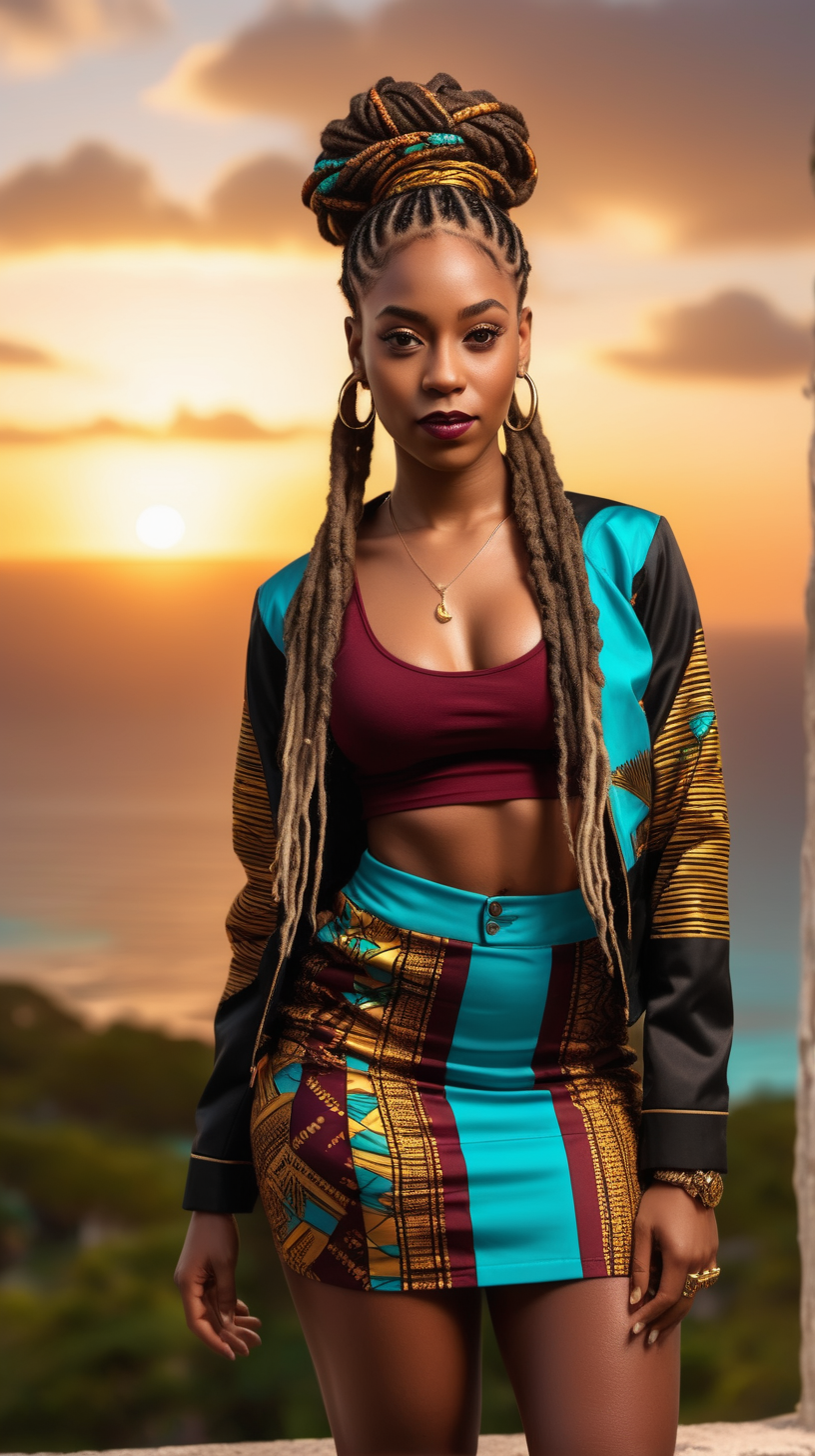 sexy, black, woman wearing, braided, dreadlocks, wearing, gold African print, 3/4 jacket, wearing, maroon, turquoise mini skirt, sunset Island in the background, 4k, high definition, full resolution, replicated