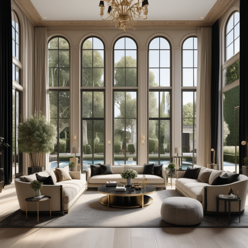 A hyperrealistic image of a grand, elegant modern Parisian casual living room in a beige oak brass and black colour palette with floor to ceiling windows showing views of the pool and gardens,