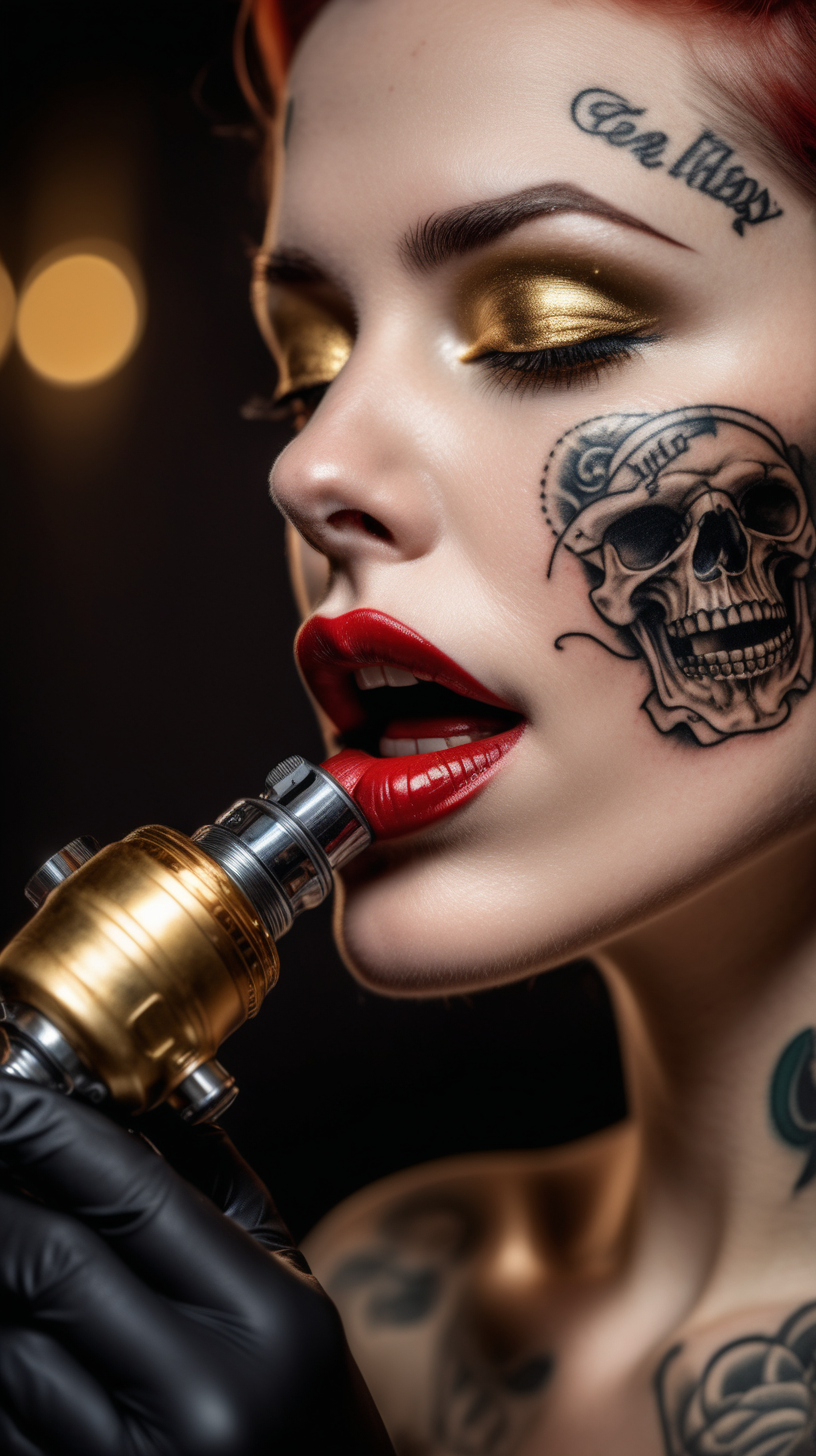 /imagine prompt : An ultra-realistic photograph captured with a canon 5d mark III camera, equipped with an macro lens at F 5.8 aperture setting, closed box, The camera is too close to the subject to take a very close macro photo,  capturing a vintage classic tattoo machine is being kissed by a woman
/describe : a pattern of the skull is engraved on golden tattoo grip , grabbed by a hand wearing black nitrile gloves . A woman whose only lips can be seen in the picture, with her red lips painted  red , kissing the tattoo machines grip gentely , creating a very sensual atmosphere, only lips in the box.
the hand is blurred and the focus sets on tattoo machine .
Soft spot light gracefully illuminates the subject and golden grip is shining. The background is absolutely black , highlighting the subject.
The image, shot in high resolution and a 16:9 aspect ratio, captures the subject’s  with stunning realism –ar 9:16 –v 5.2 –style raw
-no background
-iw 2