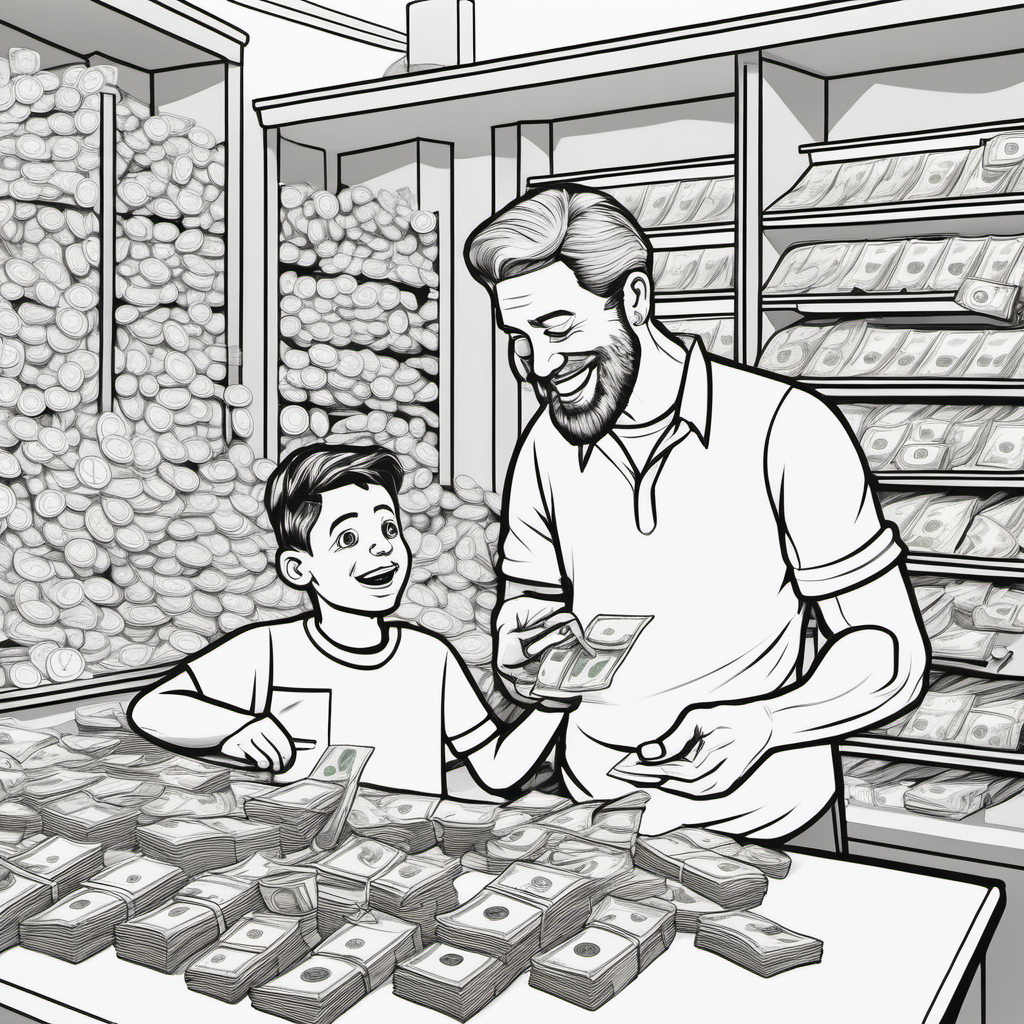 create an image without color for kids' coloring book of a man and his son counting money in their business shop