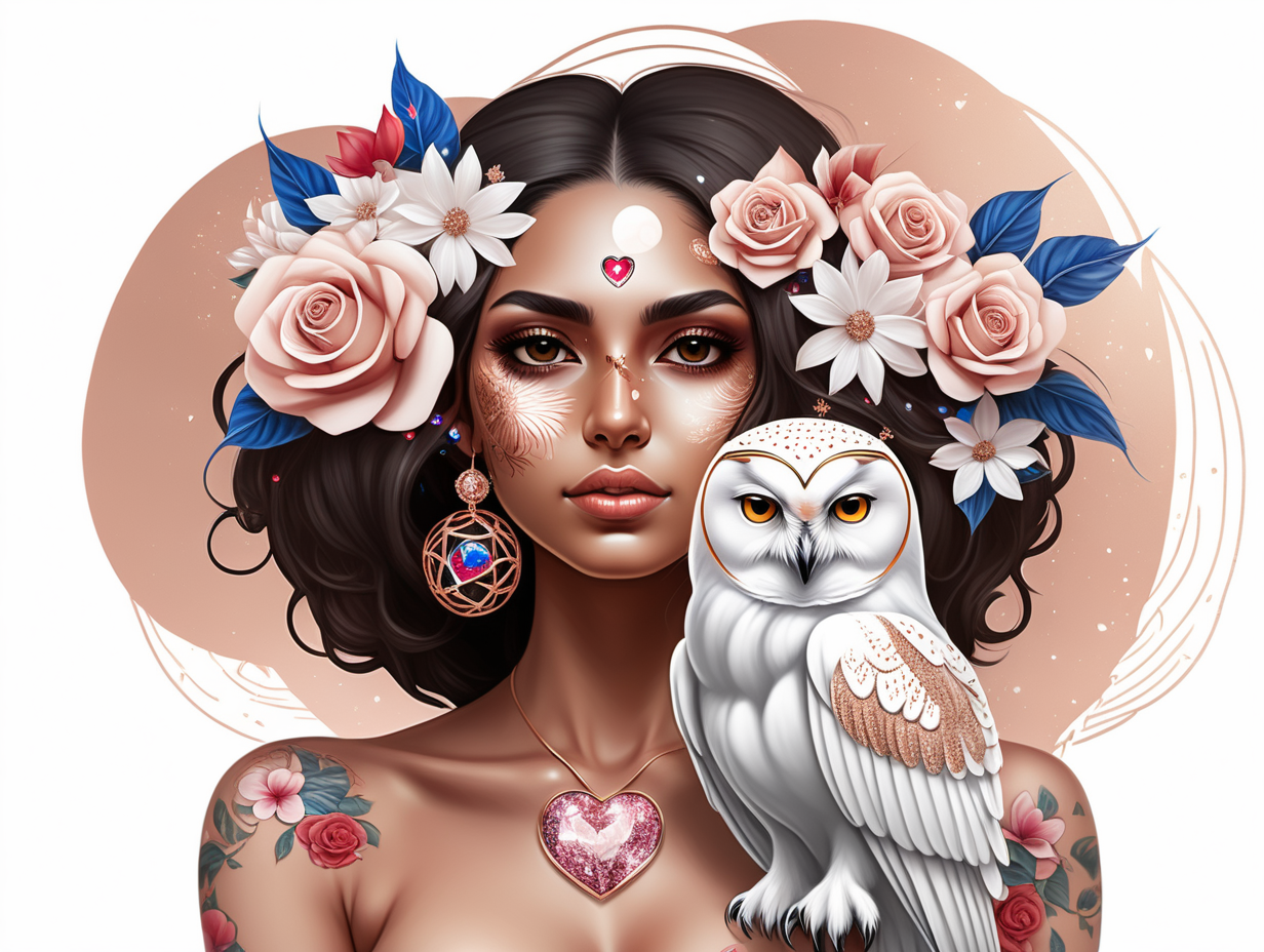 abstract exotic Hispanic skin with floating crystal balls in rose gold.
wearing a Dominican Republic flag
 looking at a white owl with love she has tattoos and soft color flowers that melt into her hair
floating crystal orbs

