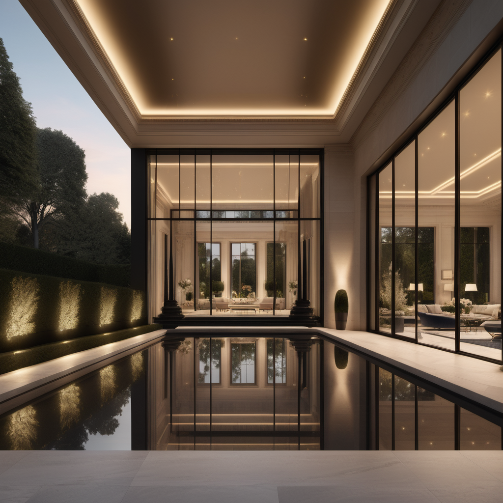 a hyperrealistic of an elegant Modern Parisian estate home grand pool room at dusk with mood lighting, floor to ceiling windows with a view of the manicured gardens, in a beige oak brass and black colour palette 
